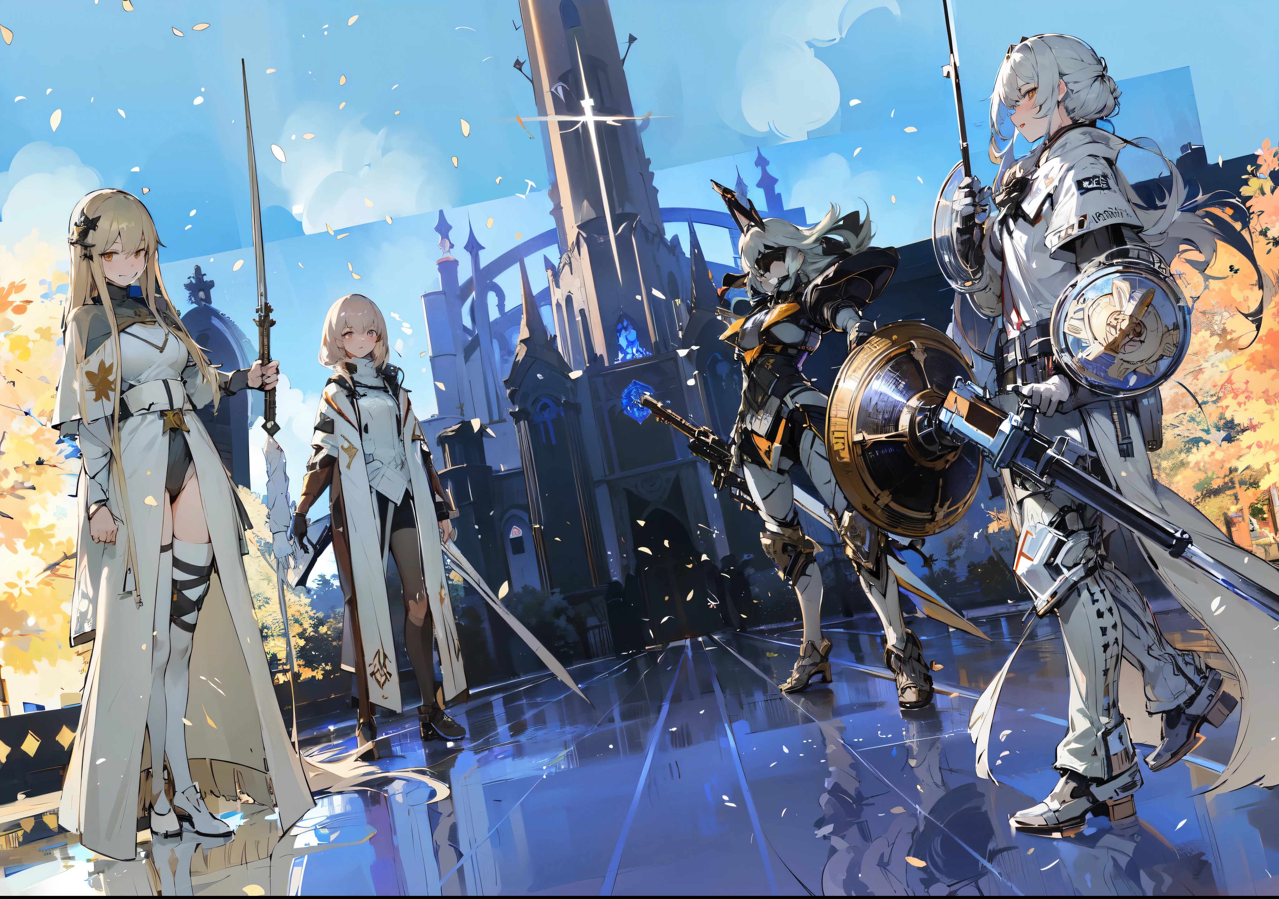 (((anime - style illustration of a group of white knights on a street in front of a cathedral))), [ two white haired female priestesses on the left side ], [ two white haired males on the right side ], (((massive church in the background))), (shining cross), ((bright sunny day)), leafs flying around, tress with yellow leaves, lights and fireflies, from girls frontline, girls frontline cg, girls frontline style, girls frontline universe, fine details, girls frontlinem m4 sopmod ii girls frontline, cushart kenz, girls frontline, from arknights, trending on artstation pixiv