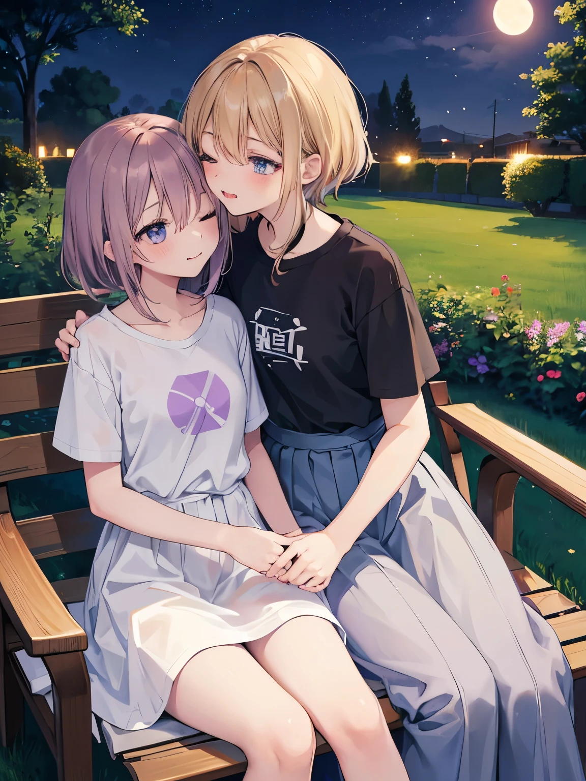 super high quality, masterpiece, anime, 2D, animeーション, Japanese art, colorful Japanese manga, 2 girls, Medium blond hair and lilac eyes, Medium brown hair and brown eyes, casual clothes, skirt, T-shirt, dress, deep kiss, kissing mouth, tongue kiss, intimate, NSFW, saliva, Are standing, flushed face, close your eyes, night, dark lighting, performer, moon, bench, wood,  green, Grass, garden  