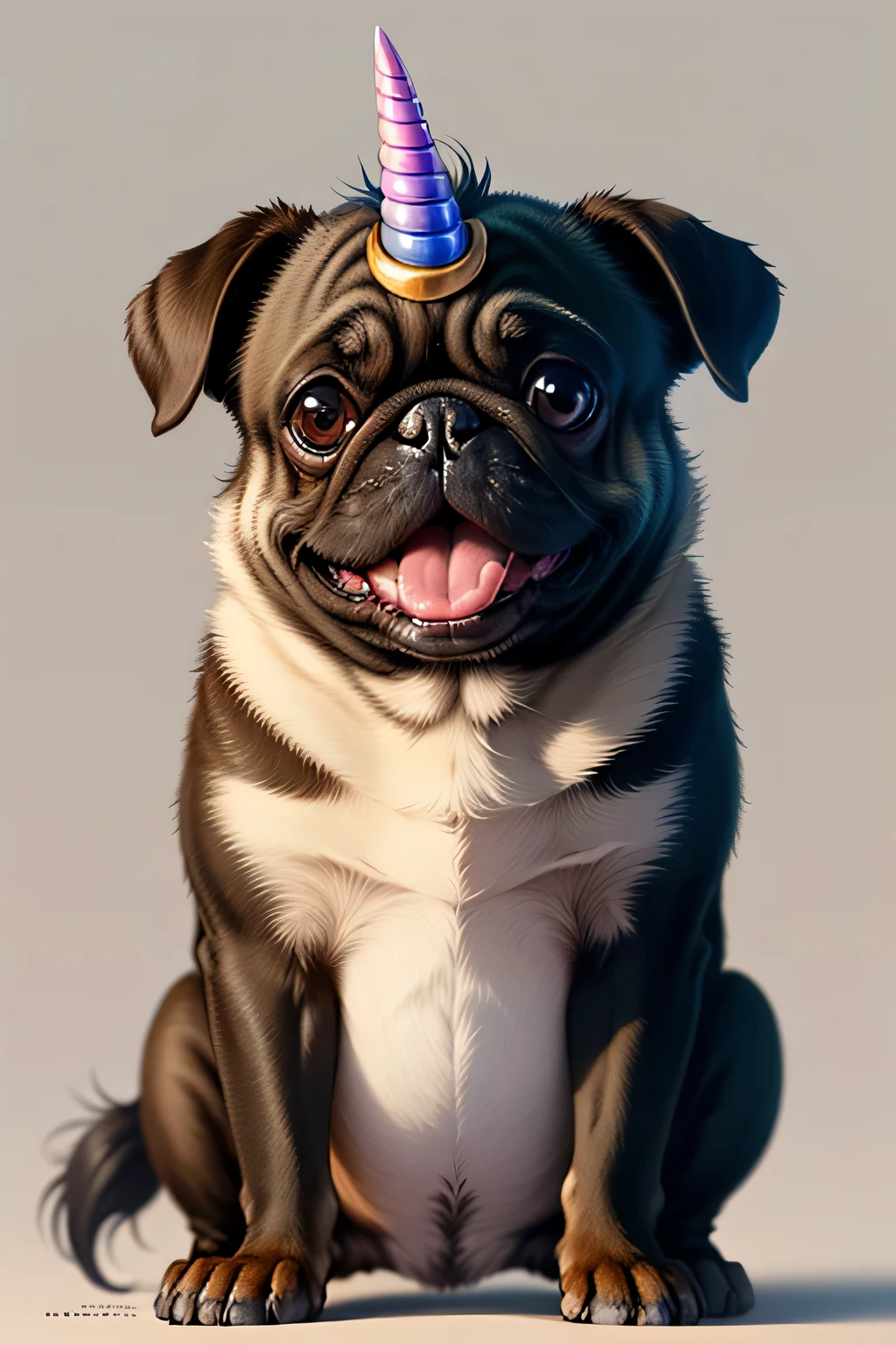 schwarzer Einhorn-Mops, Solid white black background in the same color, Big eyes, Blick in die Kamera, Niedlich, offener Mund, Zunge,  1080 x 1920 Pixel