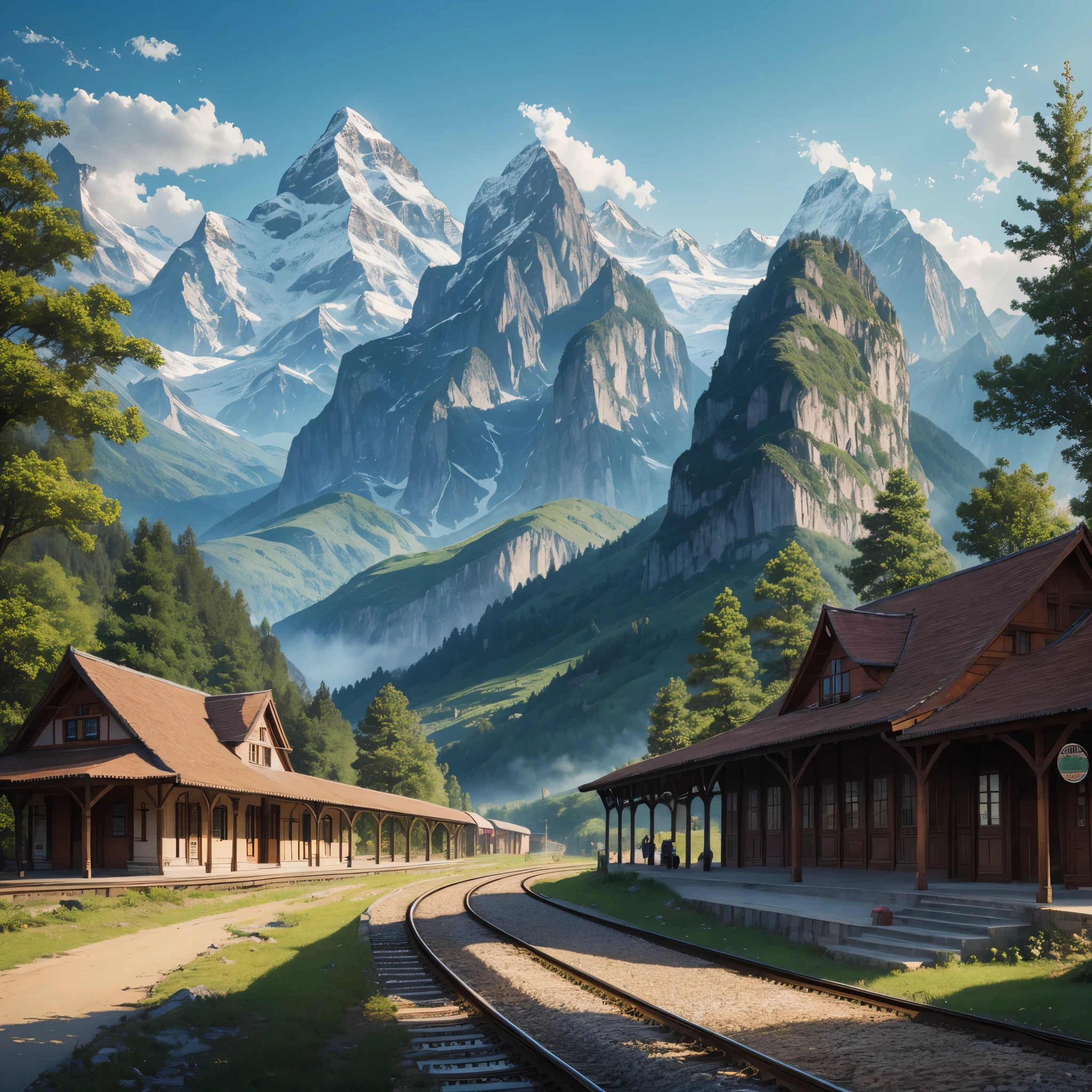a beautiful illustration art of the railway station in small village, tree and mountain