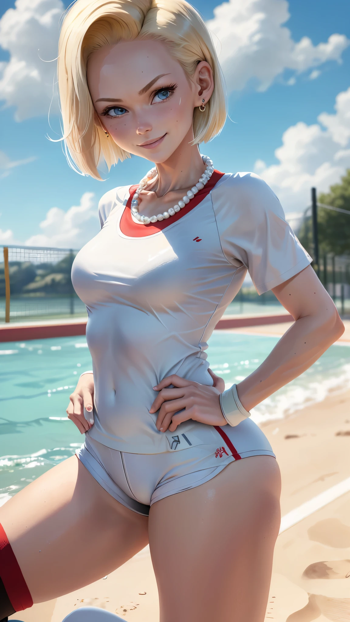 best quality, highres, and18, 1girl, android 18, solo girl, 1girl, blonde hair, blue eyes, sport sneakers, red and white volleyball uniform, pearl necklace, white lycra micro shorts, short hair, white lycra sport top, earrings, wrist sweat bands, medium breasts, cowboy shot, sea shore, straight-on, (weather: and windy), wet body, wet shirt, cute smile, relaxed stance, thigh high socks, volleyball court,