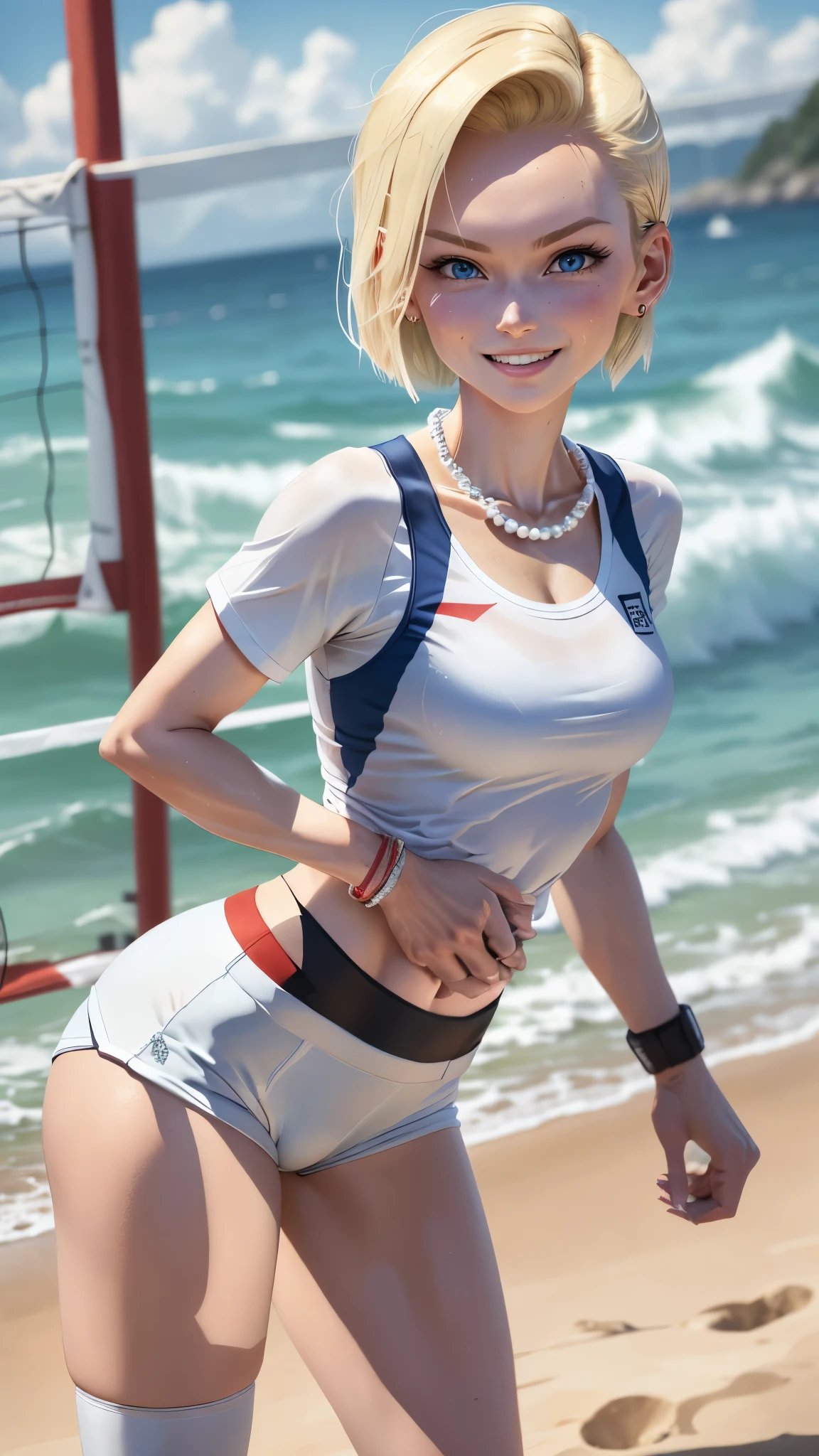 best quality, highres, and18, 1girl, android 18, solo girl, 1girl, blonde hair, blue eyes, sport sneakers, red and white volleyball uniform, pearl necklace, white lycra micro shorts, short hair, white lycra sport top, earrings, wrist sweat bands, medium breasts, cowboy shot, sea shore, straight-on, (weather: and windy), wet body, wet shirt, cute smile, relaxed stance, thigh high socks, volleyball court,