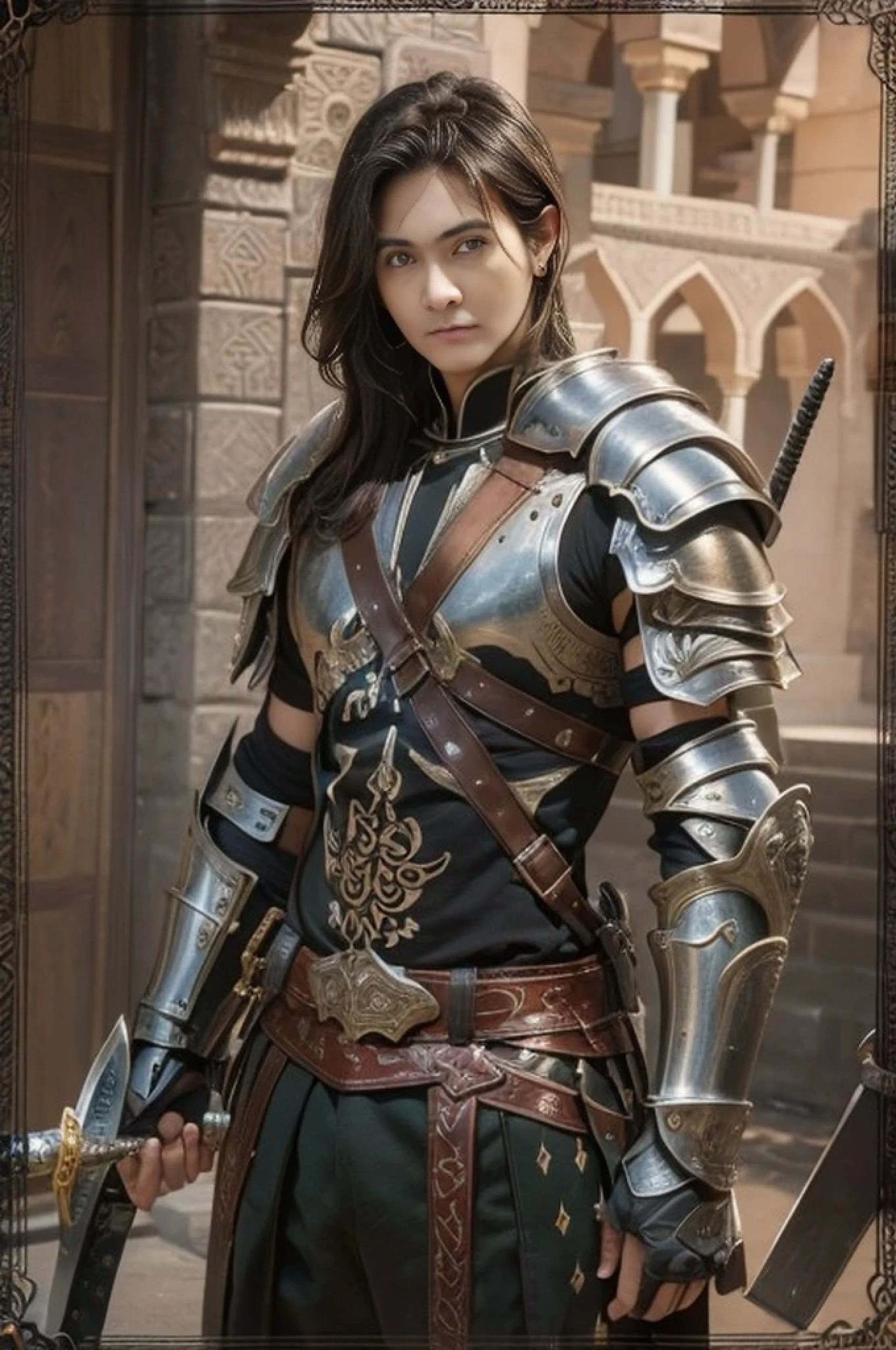 Male, eladrin elf, olive skin, dark brown hair, amber eyes, leather armor, DND
