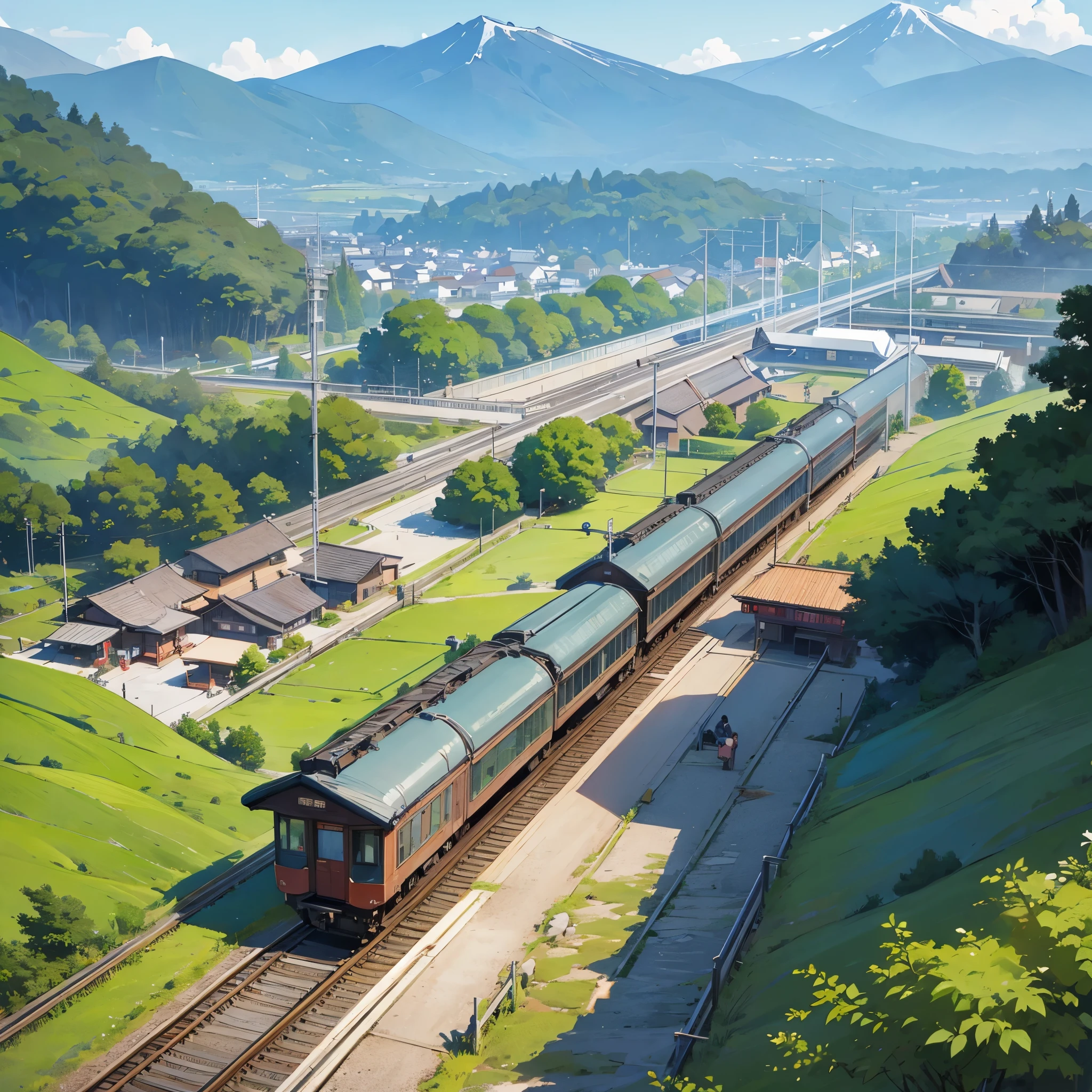 a beautiful illustration art of the railway station in japan small village, tree and mountain