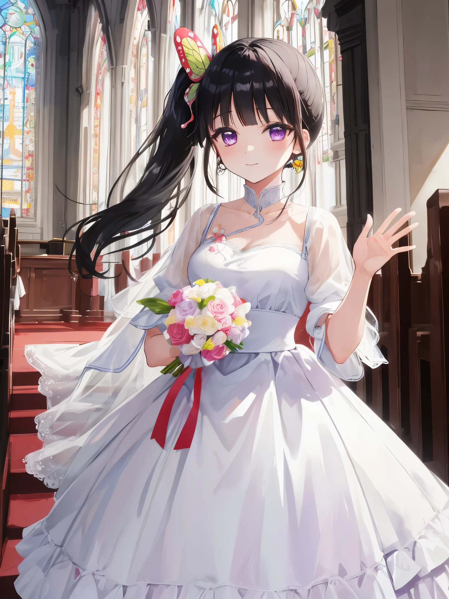 masterpiece, highest quality, High resolution,
kanadef, 1 girl, alone, purple eyes, black hair, long hair, blunt bangs, bangs, hair ornaments, bug, butterfly, side ponytail, butterfly hair ornaments,
Upper body, looking at the viewer, put your hand on your waist, waving, waving arms, 1 girl, looking at the viewer, software, High resolution,masterpiece,highest quality, ,1 girl, alone, hair flower, wedding d again ss, holding a bouquet in hand, Chacha, smile, church, white bridal veil, Wedding dress, wedding style, whole body