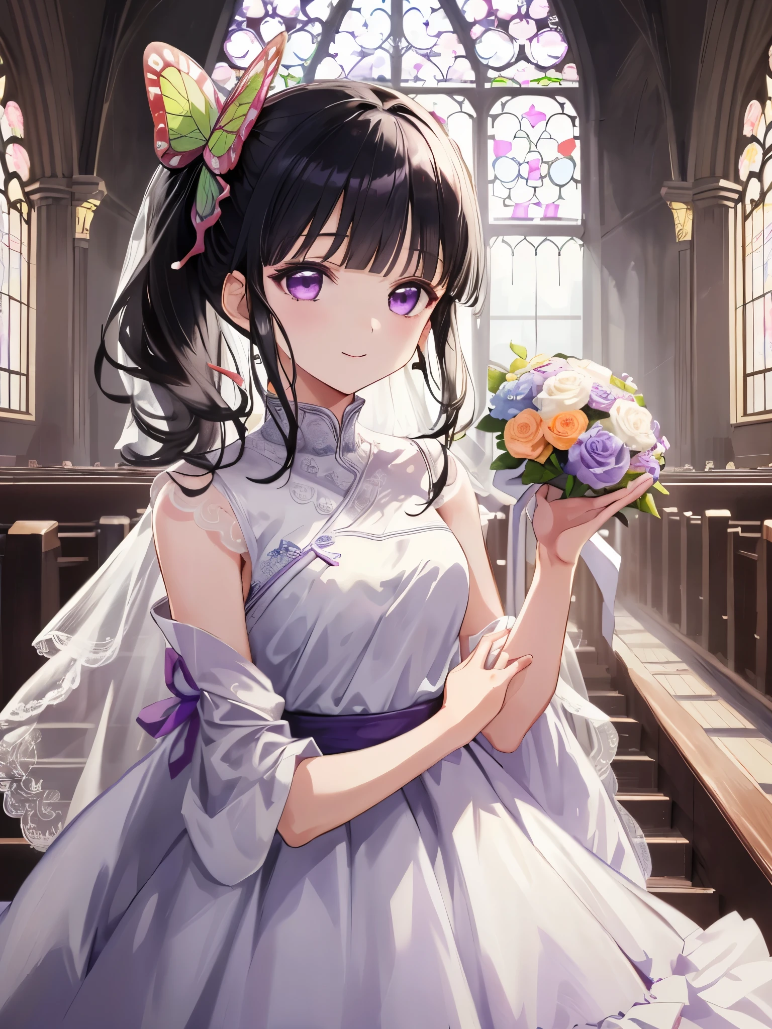 masterpiece, highest quality, High resolution,
kanadef, 1 girl, alone, purple eyes, black hair, long hair, blunt bangs, bangs, hair ornaments, bug, butterfly, side ponytail, butterfly hair ornaments,
Upper body, looking at the viewer, put your hand on your waist, waving, waving arms, 1 girl, looking at the viewer, software, High resolution,masterpiece,highest quality, ,1 girl, alone, hair flower, wedding d again ss, holding a bouquet in hand, Chacha, smile, church, white bridal veil, Wedding dress, wedding style, whole body