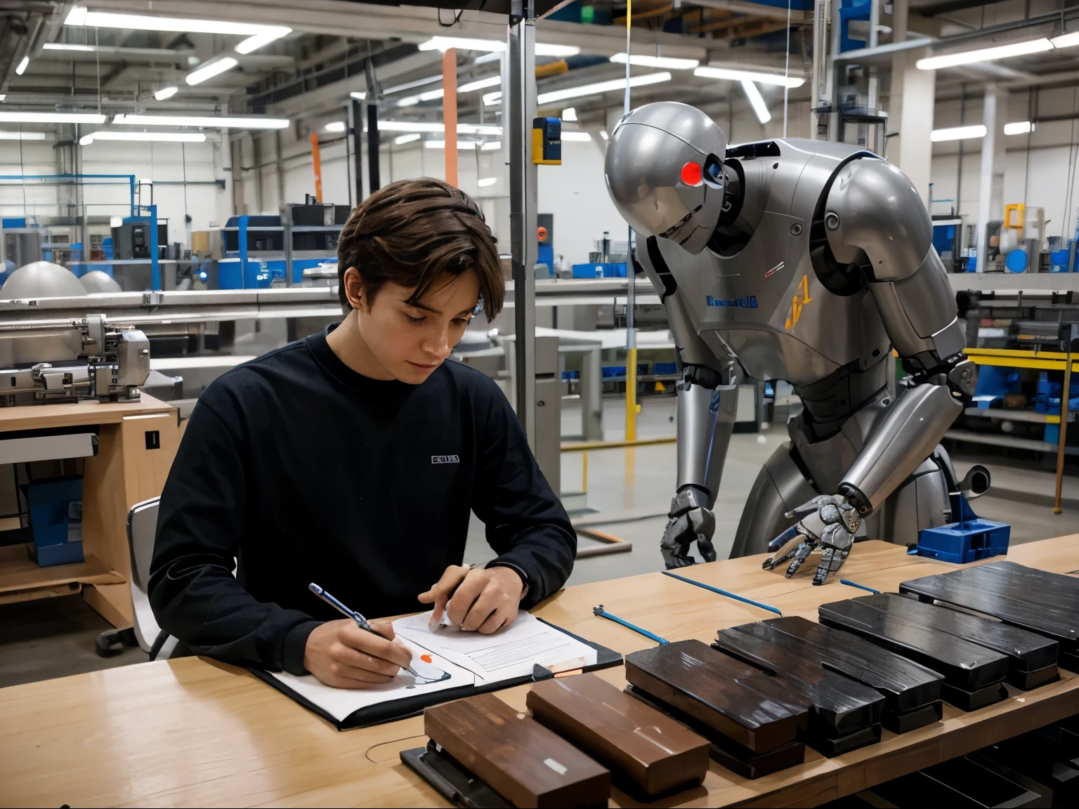 A human and a robot working collaboratively on a complex task in a factory.