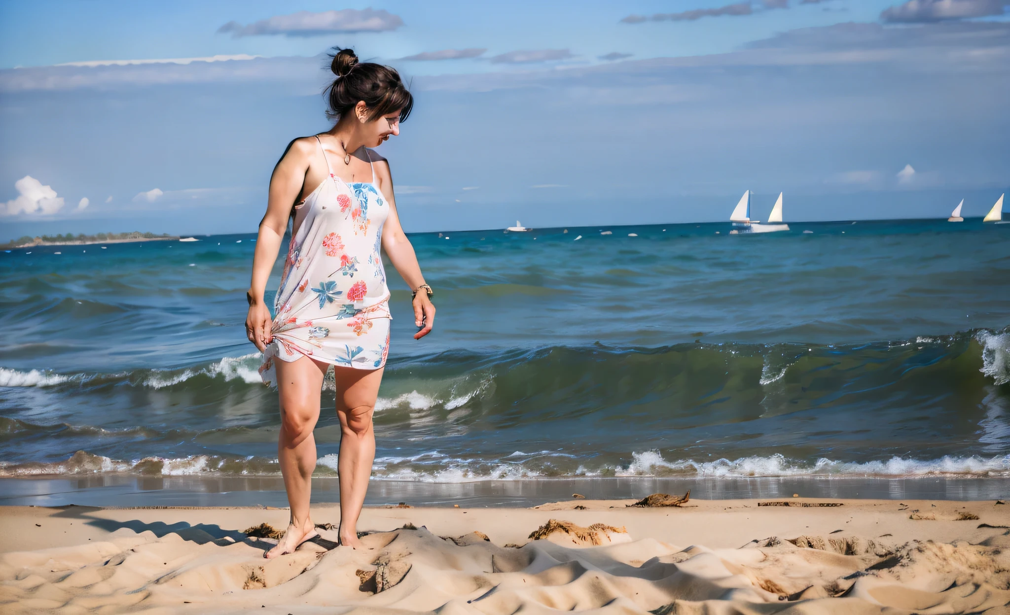 There is a woman na praia looking at the water, standing na praia, na praia, posing em uma praia with the ocean, foto de praia, vestindo uma capa branca de praia, usando um vestido havaiano, no mar, standing em uma praia, em uma praia, tiro largo de corpo inteiro, standing em uma praia. Mulher com pele branca e cabelos escuros. ela tem cerca de 35 anos. Corpo fino, cintura fina. Altamente realista, hiperrealismo, pele muito elaborada. foto de corpo inteiro, Limpar foto, alta qualidade, high resolution, obra de arte, 8k.