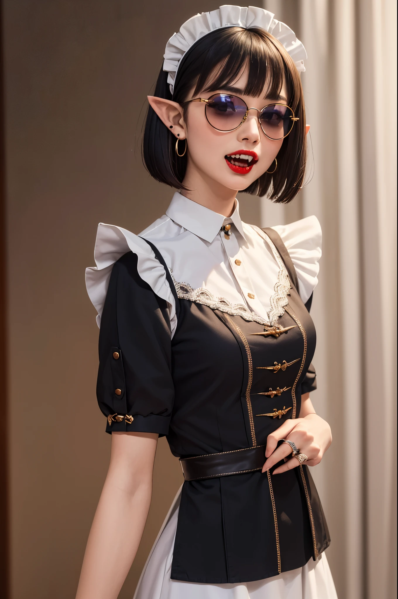 (masterpiece, absurdres, best quality:1.2), 1girl, solo, 1girl, portrait, precise, full body, finely detail, depth of field, shine, highres, original, perfect lighting, colorful, centered, realistic face, photorealism, (maid uniform:1.5), (white shirt, red tie), (black hair, bob cut, ring earrings, red lipstick), fantasy castle background, fantasy dungeons, vampire mistress, (pointy ears, pointy teeth, Sharp fangs, vampire teeth:1.35), blunt bangs, (breasts), (glasses, sunglasses, round tinted yellow glasses)