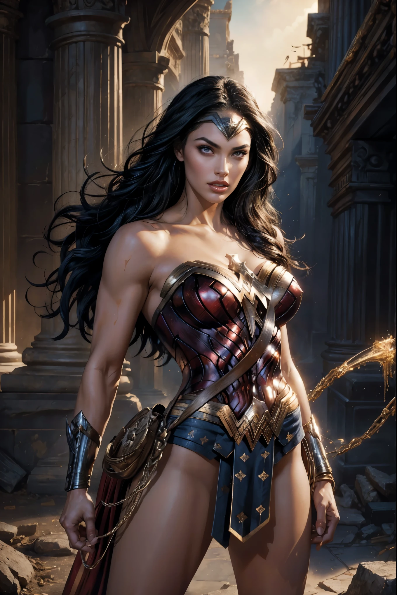 Art image of megan Fox as Wonder Woman, busty, beautiful, black hair, large breasts, ancient Athens background, by Louis Royo, Boris Vallejo, Frank Frazetta, extreme focus, sharp details, sexy,  oily skin, sexy, naughty, sexy pose, great lighting