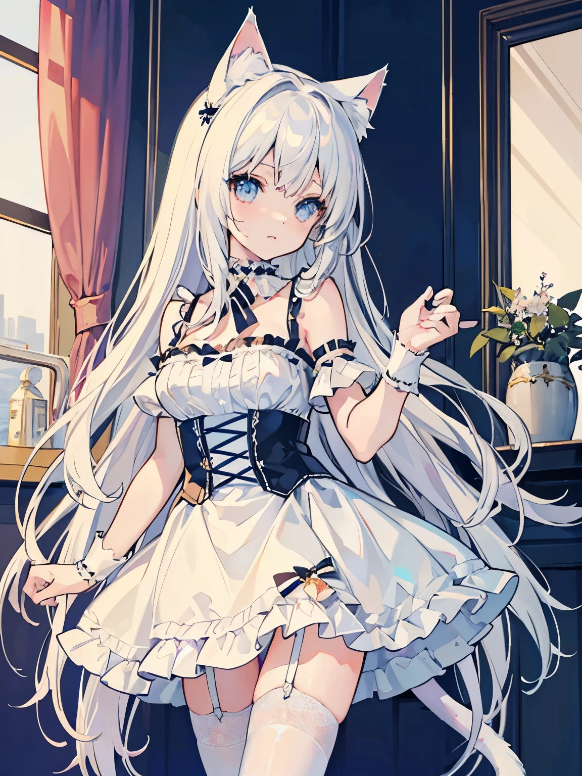 masterpiece, {{{{Highest quality}}}}, beautiful,1 girl, White_hair, cat ears(White), cat tail(White), frilled choker、miniskirt_dress, bare_shoulders, garter belt,garter straps