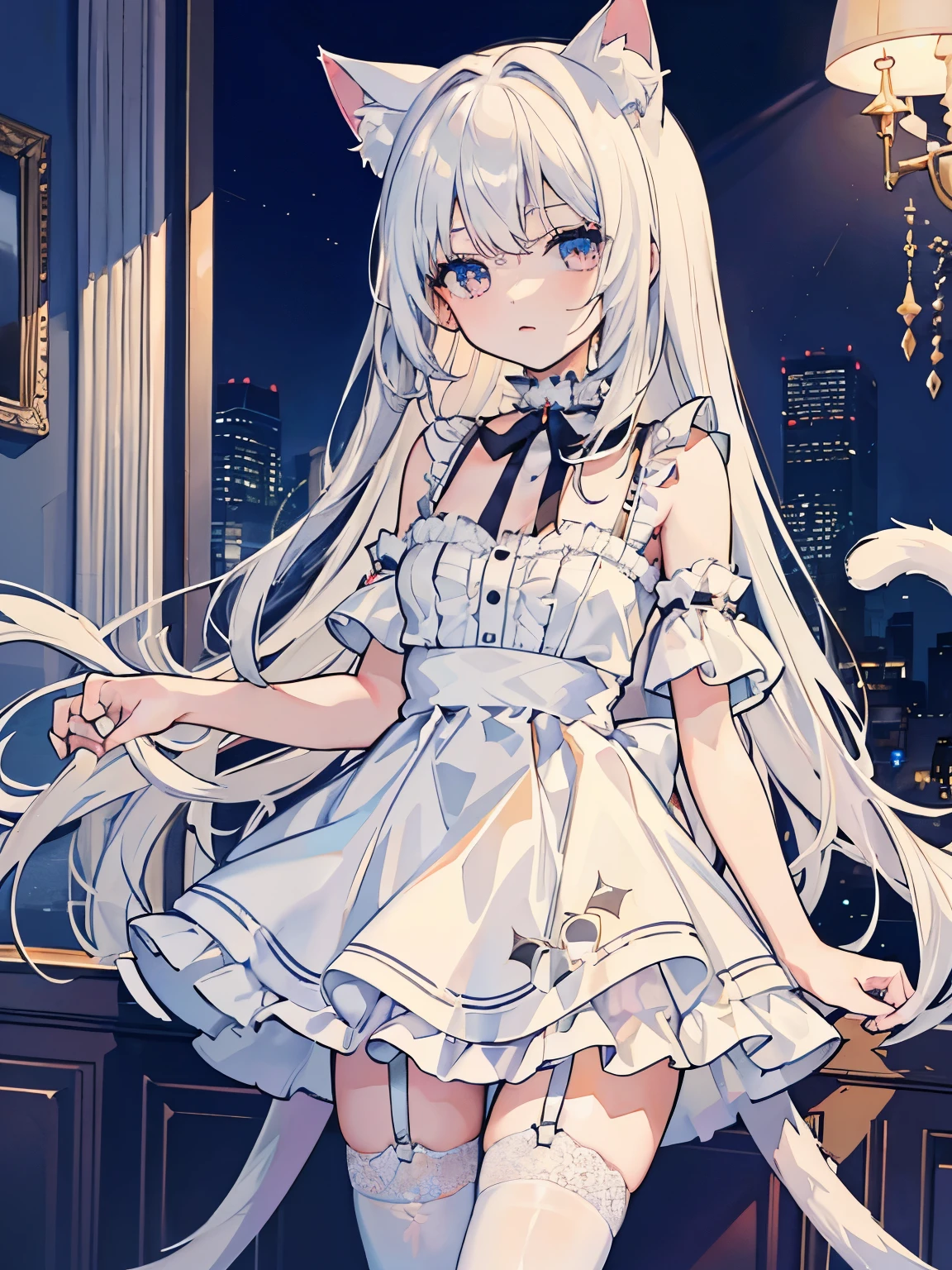 masterpiece, {{{{Highest quality}}}}, beautiful,1 girl, White_hair, cat ears(White), cat tail(White), frilled choker、miniskirt_dress, bare_shoulders, garter belt,garter straps