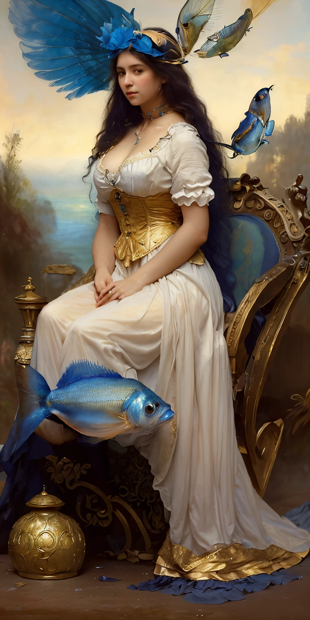 pintura de una mujer con un vestido blanco sentada en un carruaje azul y dorado, fantasy victorian art, hiperrealismo, arte de Bouguereau, por Charles Gleyre, por John La Gatta, peces de color azul