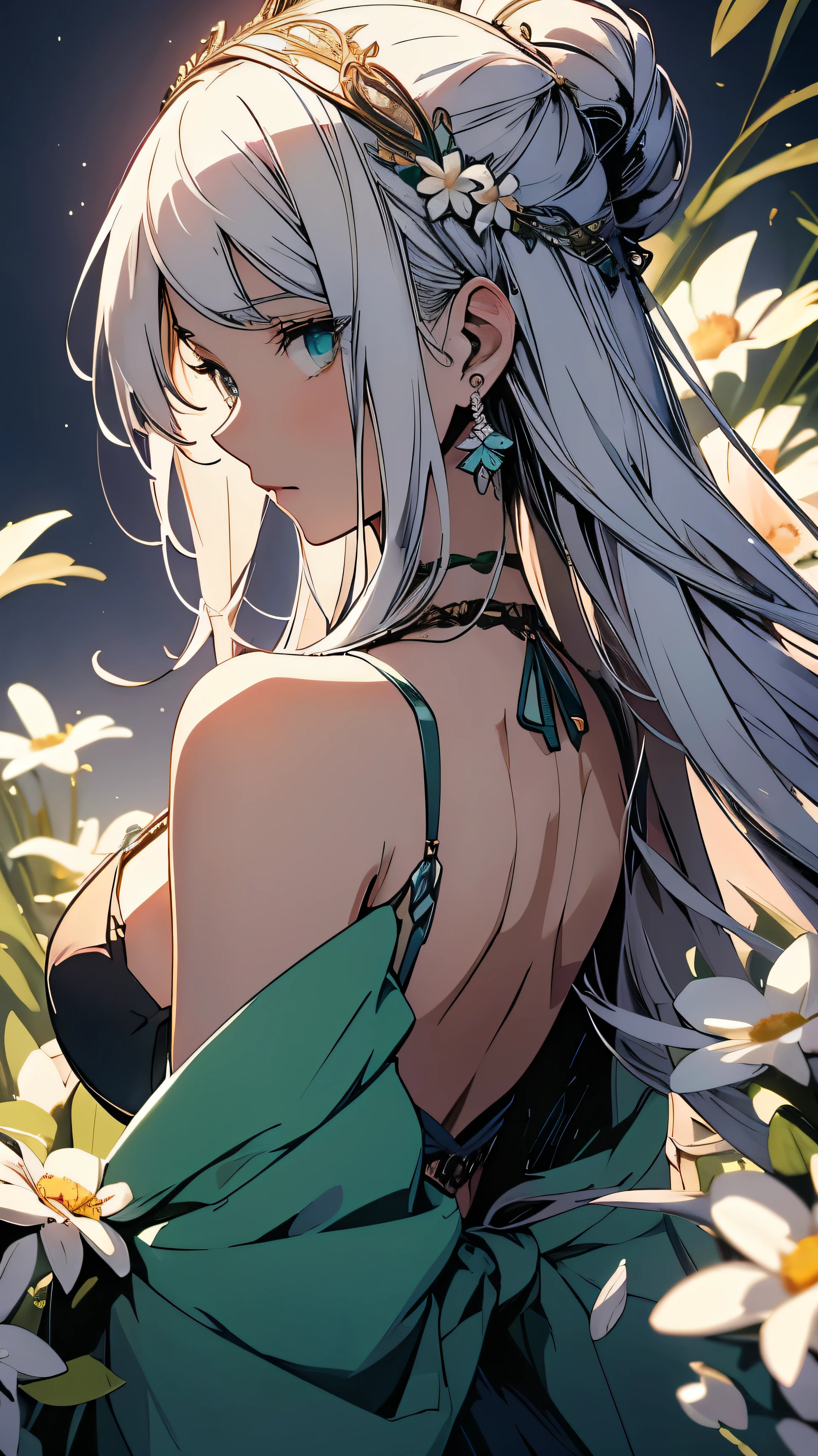 a movie still, anime aesthetic, anime, 1girl, a stunning and elegant anime portrait of a white-haired lady adorned with intricate flowers in her hair, inspired by the ethereal beauty of nature and the enchanting anime art style, this image should capture the essence of a white-haired deity, she is in profile view facing left, glancing back at the viewer, she is seen from the chest up as a bust, wearing a green headband intertwined with white daisies, aquamarine sparkling eyes, silver metal earrings in the shapes of flowers, loose-fitting sweater showing off cleavage, with clean and detailed anime illustration, showcasing the captivating beauty of anime artstyle, (anime:1.3)