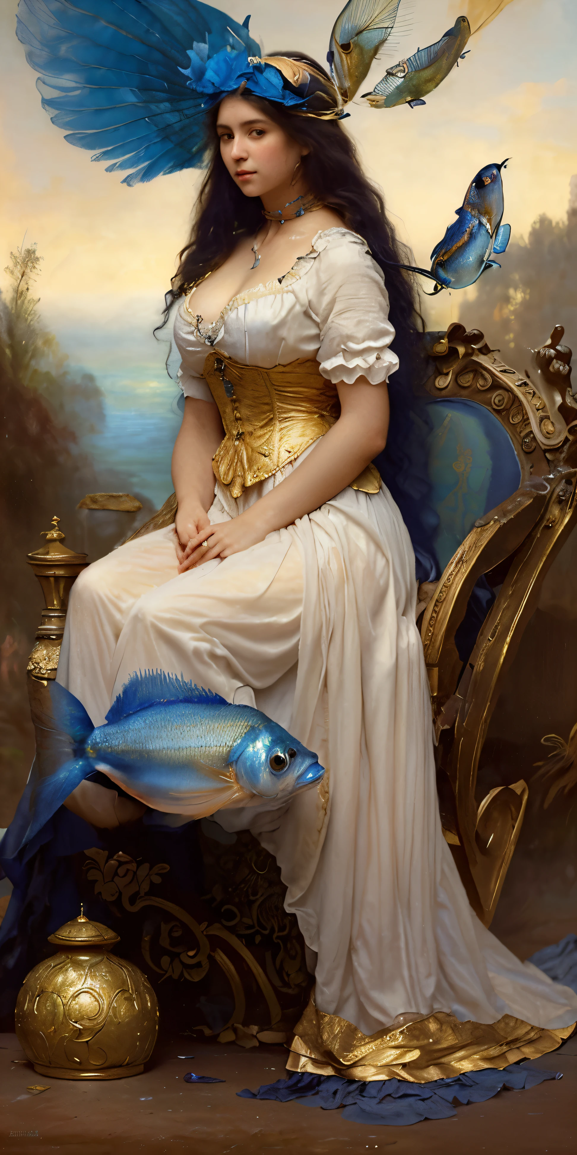 pintura de una mujer con un vestido blanco sentada en un carruaje azul y dorado, fantasy victorian art, hiperrealismo, arte de Bouguereau, por Charles Gleyre, por John La Gatta, peces de color azul