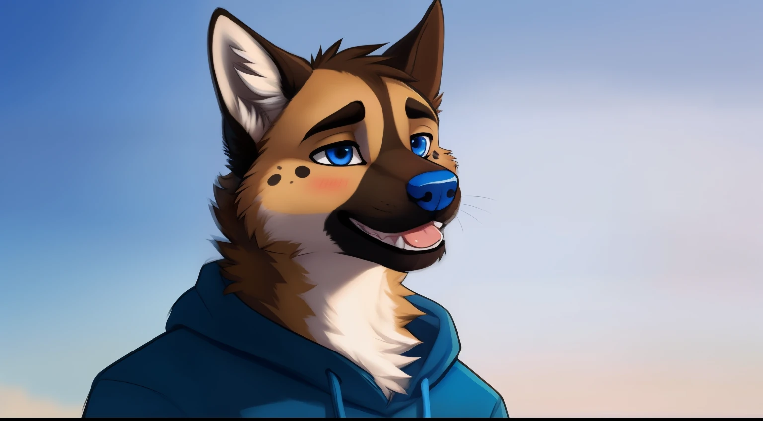 German Shepherd, Furry, Head only, Artwork, anthropomorphism, Fursona, Male, look in camera, blue eyes, blue nose, brown snout , teeth, clothes, small bit tongue, blush, Artstyle like #Koul
