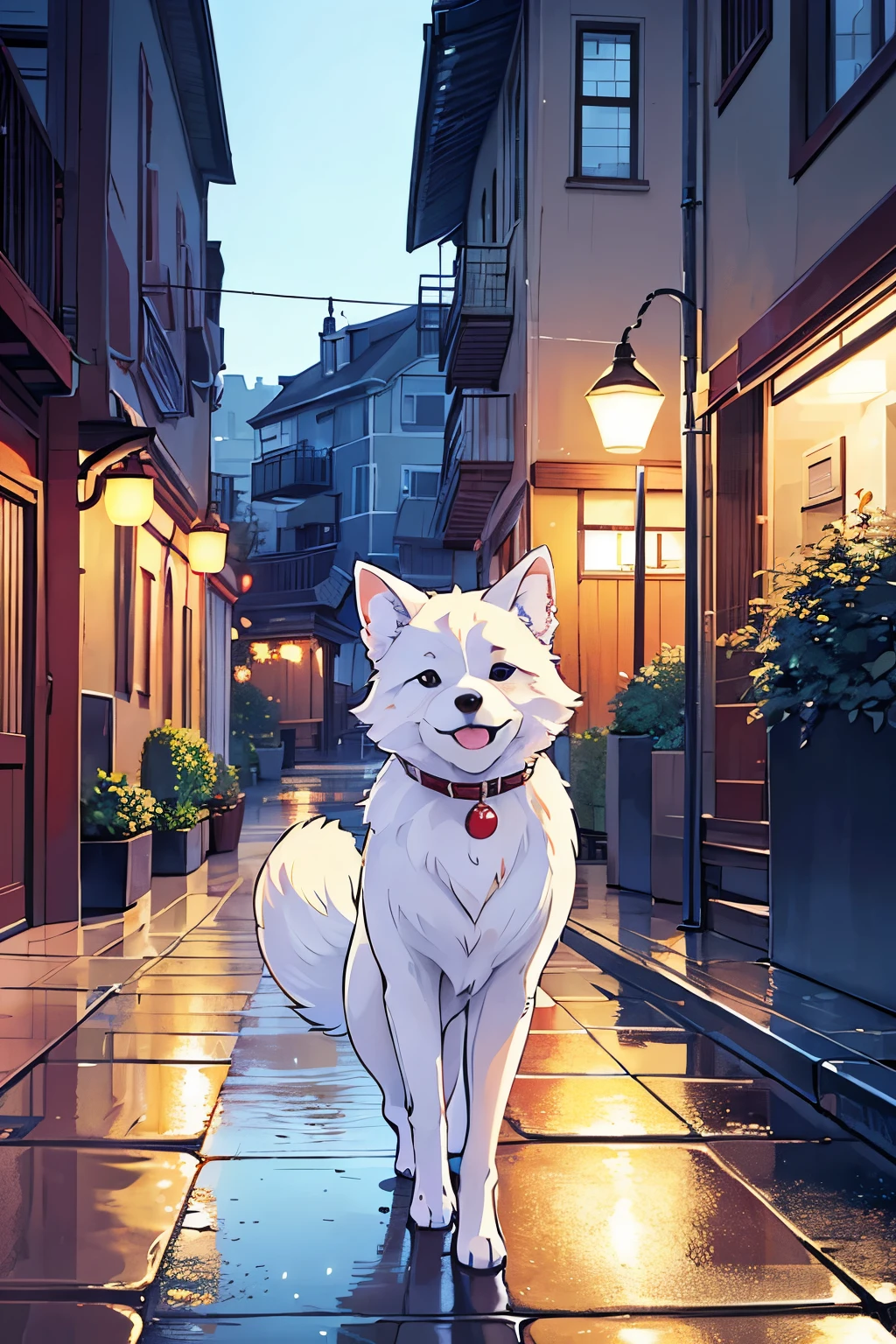 In this exquisite 16K resolution artwork, a charming canine named Max takes a leisurely stroll down a rain-soaked street, his richly colored fur glistening with raindrops. The realistic fusion style captures the serenity of the scene, with Max navigating puddles on a cobblestone street illuminated by the soft glow of streetlights. Quaint structures such as lampposts and a café with a red awning adorn the surroundings, reflecting on the wet pavement. The three-dimensional rendering of Max, with precise details like the swaying tail and tapping paws, is complemented by global lighting that highlights each raindrop on his fur. The intimate camera angle creates a connection between the viewer and Max, whose content expression radiates the simple joy of a canine's rainy day stroll, encapsulating the beauty found in everyday moments of companionship and life.