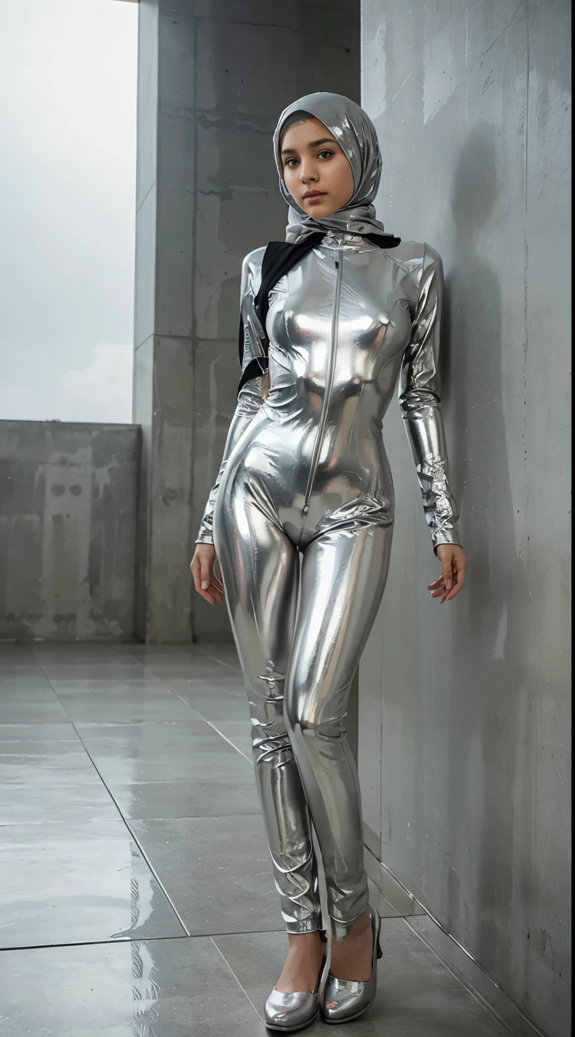 A girl wearing hijab . Innocent face. Long leg. Wearing full body silver latex suit. High quality. High resolution