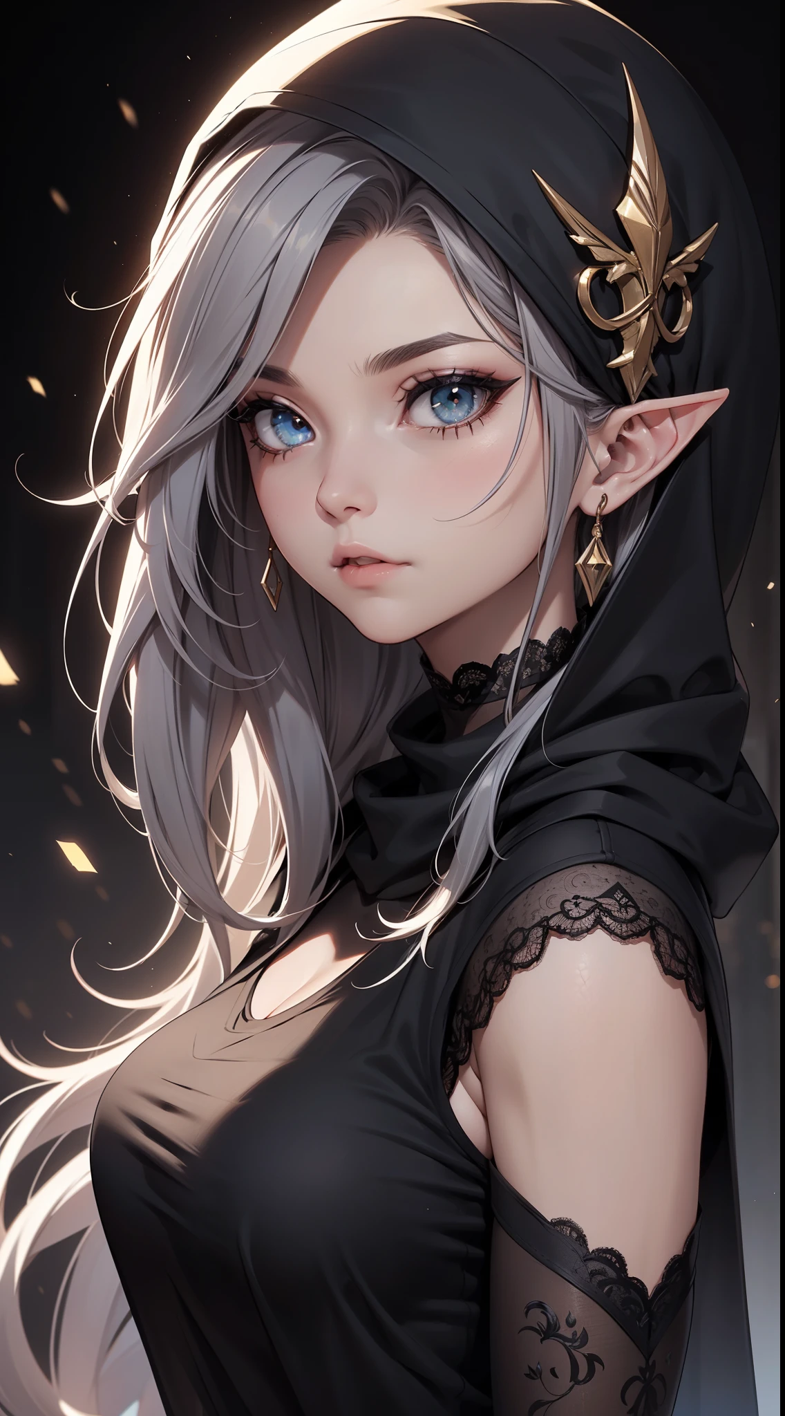 White elf girl, dark grey hair color, very long flowing hair, grey eye color, small eyes, round eye shape, eyeliner, realistic face shape. black shirt, portrait, wearing a black hood, black background, Depth of Field. looking at camera, dreamy look detailed eyes, detailed face, detailed skin, Ultra Detailed, Beautiful and Aesthetic, Masterpiece, Best Quality, shoulders showing. lace fabric, round chin shape. wearing black hood over hair. showing full upper body and face. wearing a black hood, alot of flairs in background, zoomed out, black and gold. glowing, 