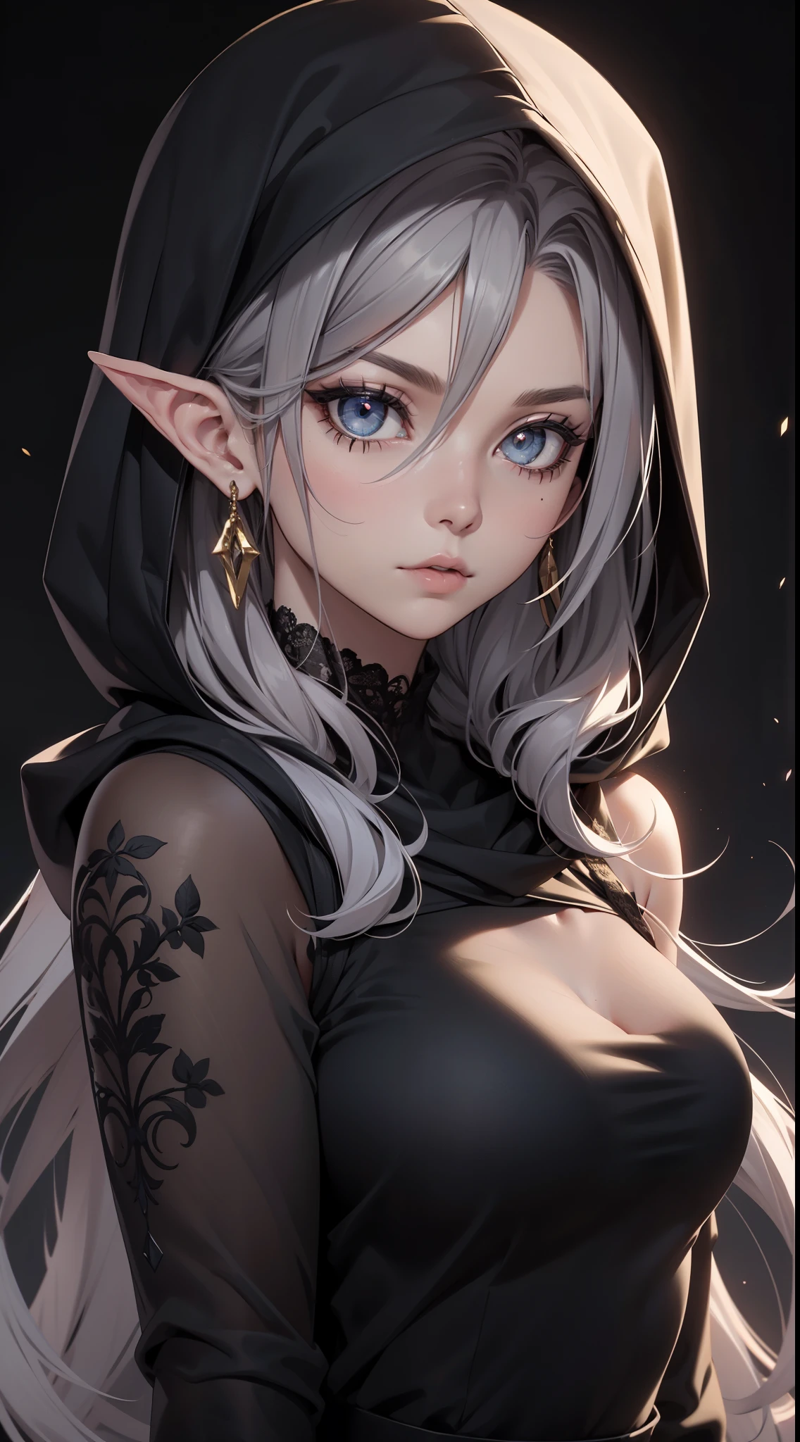 White elf girl, dark grey hair color, very long flowing hair, grey eye color, small eyes, round eye shape, eyeliner, realistic face shape. black shirt, portrait, wearing a black hood, black background, Depth of Field. looking at camera, dreamy look detailed eyes, detailed face, detailed skin, Ultra Detailed, Beautiful and Aesthetic, Masterpiece, Best Quality, shoulders showing. lace fabric, round chin shape. wearing black hood over hair. showing full upper body and face. wearing a black hood, alot of flairs in background, zoomed out, black and gold. glowing, 