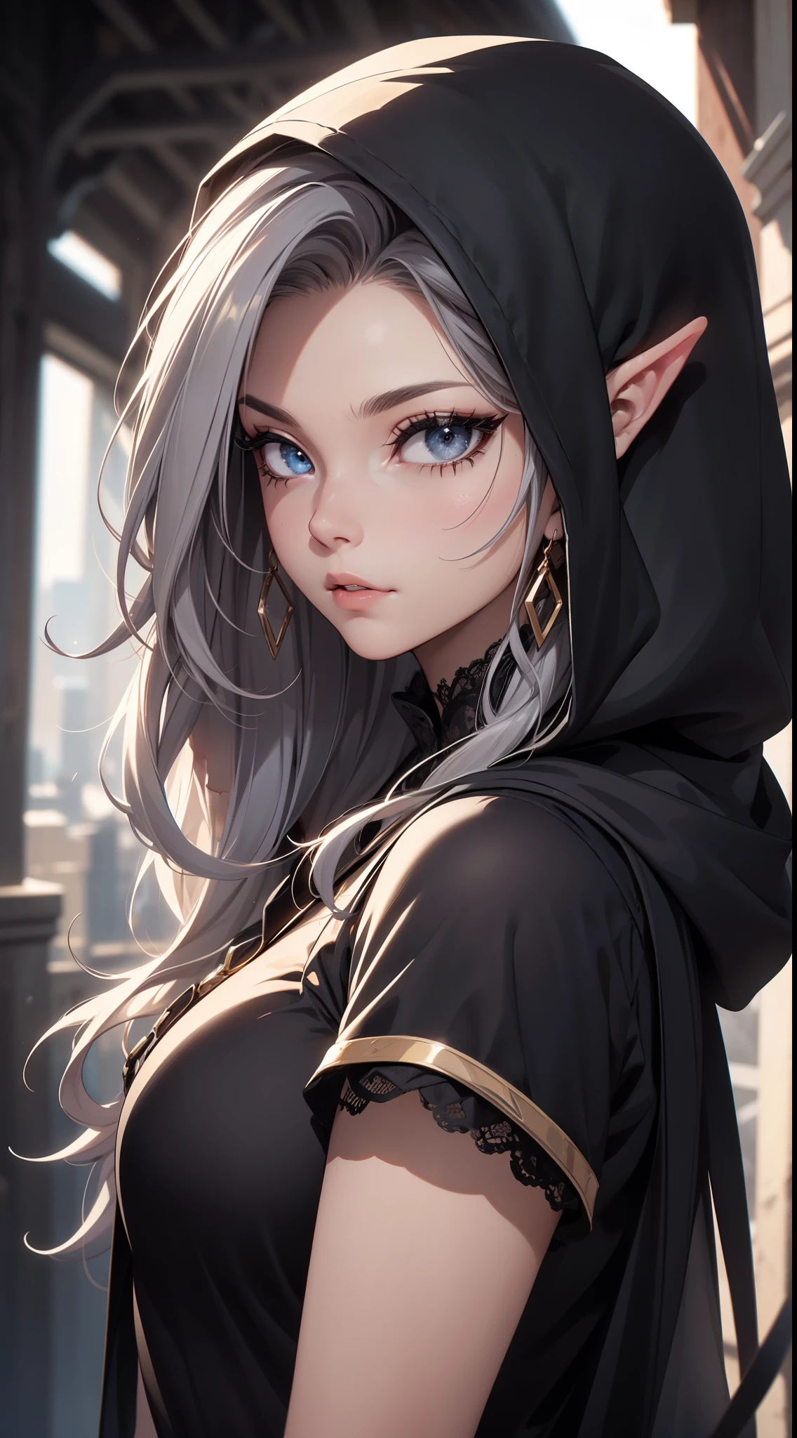 White elf girl, dark grey hair color, very long flowing hair, grey eye color, small eyes, round eye shape, eyeliner, realistic face shape. black shirt, portrait, wearing a black hood, black background, Depth of Field. looking at camera, dreamy look detailed eyes, detailed face, detailed skin, Ultra Detailed, Beautiful and Aesthetic, Masterpiece, Best Quality, shoulders showing. lace fabric, round chin shape. wearing black hood over hair. showing full upper body and face. wearing a black hood, alot of flairs in background, zoomed out, black and gold. glowing,