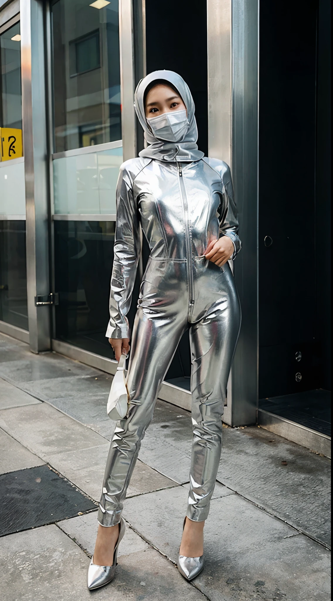 Asian girl wearing hijab and mask. Long leg. Innocent face. Wearing full body silver leather suit. High saturation.