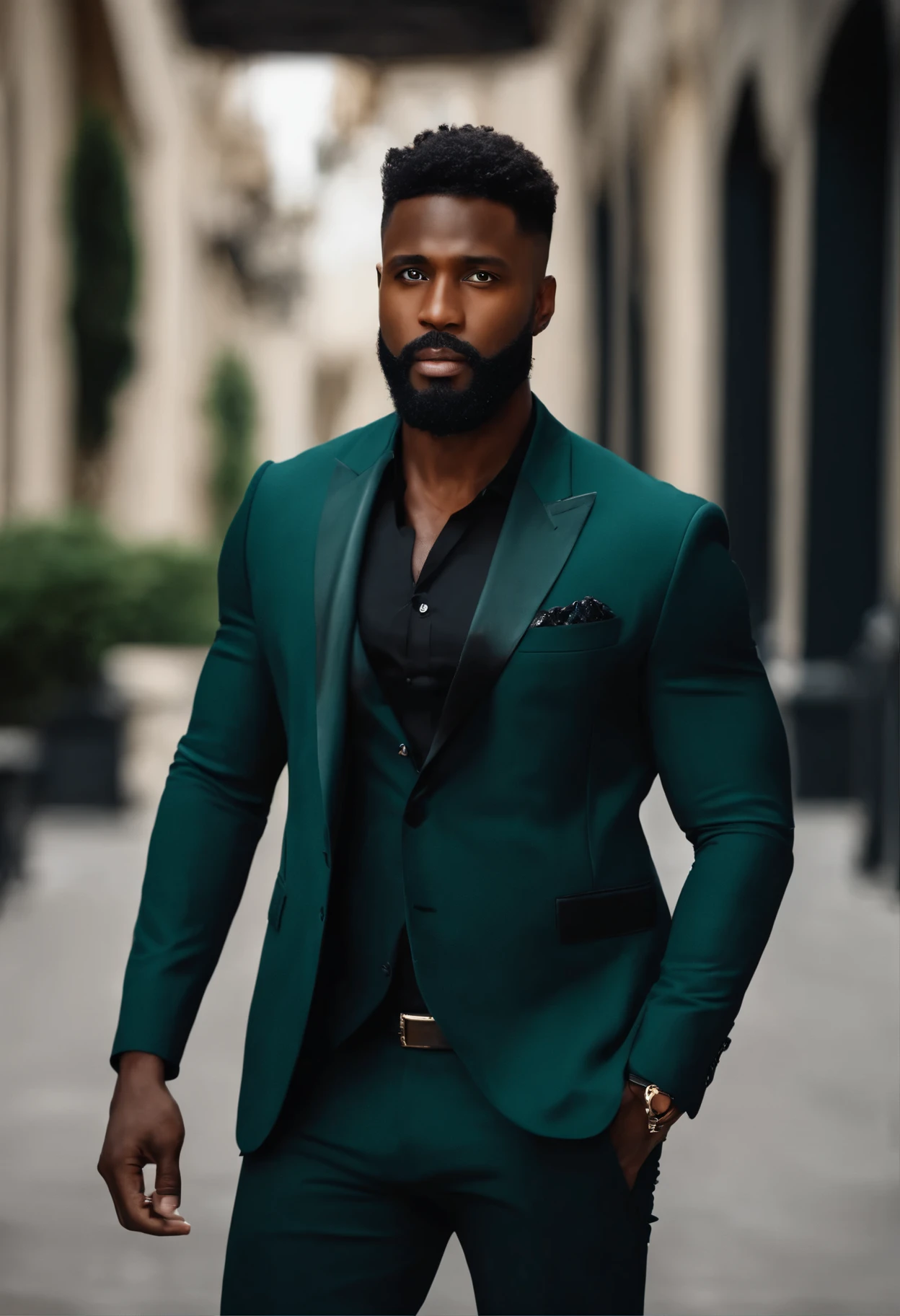 up、Making a face cam of a handsome 30 year old black man, (Use a beard,) Attractive and serious look, short black hair, elegant and elegant, Shaving Tight-fitting suit and strong body, (High quality, Realistic images), Dark and light black color in the background of the image, film style, ((top quality, 8K, masterpiece), Ultra high definition photography, (beautiful detailed faces, Detailed leather texture, hyper detailed body:1.1)