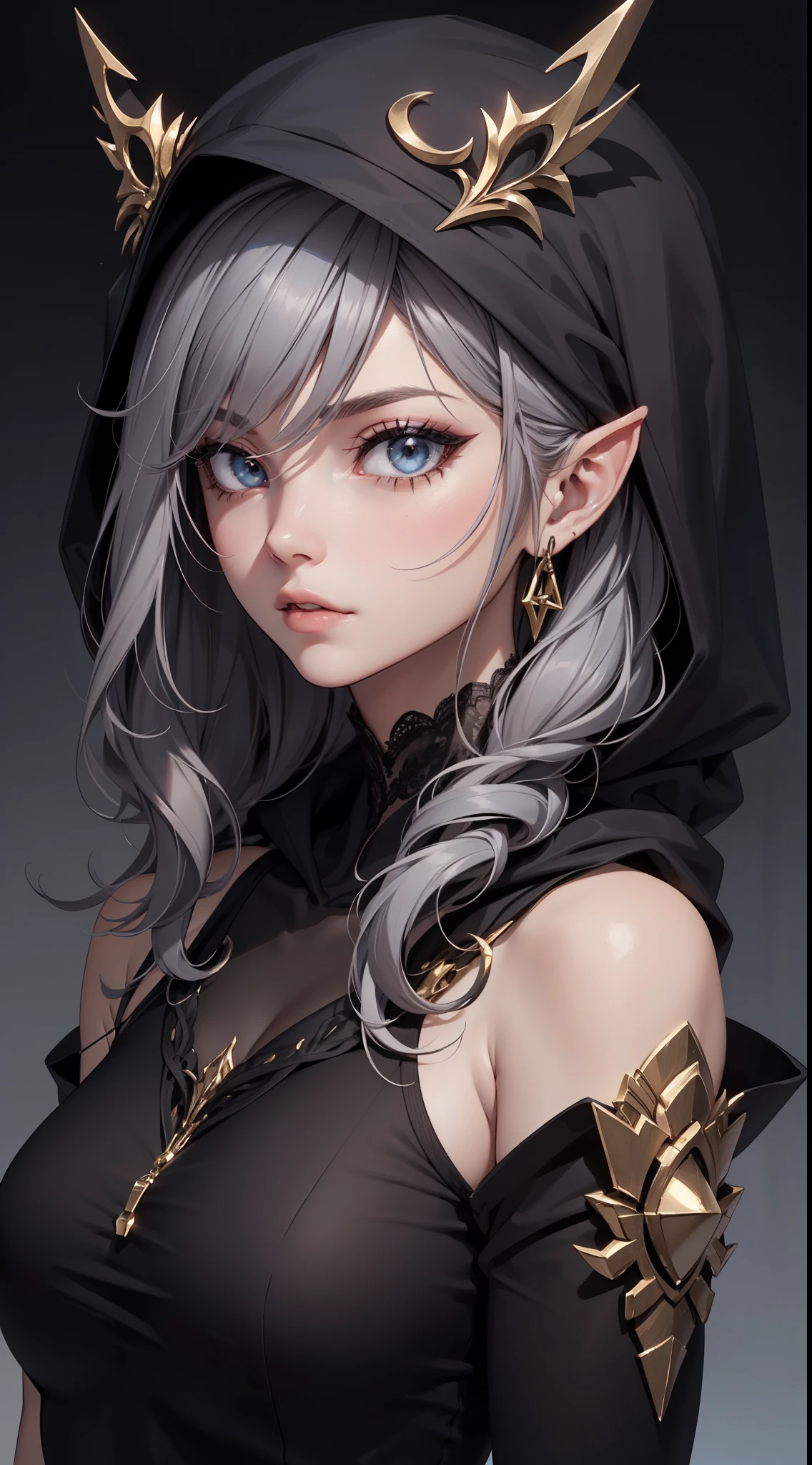 White elf girl, dark grey hair color, very long flowing hair, grey eye color, small eyes, round eye shape, eyeliner, realistic face shape. black shirt, portrait, wearing a black hood, black background, Depth of Field. looking at camera, dreamy look detailed eyes, detailed face, detailed skin, Ultra Detailed, Beautiful and Aesthetic, Masterpiece, Best Quality, shoulders showing. lace fabric, round chin shape. wearing black hood over hair. showing full upper body and face. wearing a black hood, alot of flairs in background, zoomed out, black and gold. glowing,