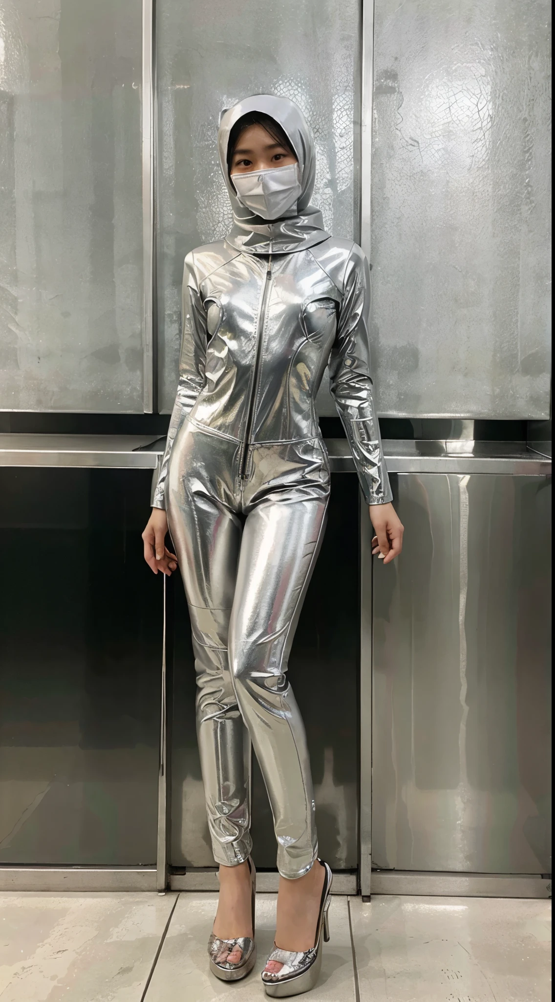 Asian girl wearing hijab and mask. Long leg. Innocent face. Wearing full body silver leather suit. High saturation.