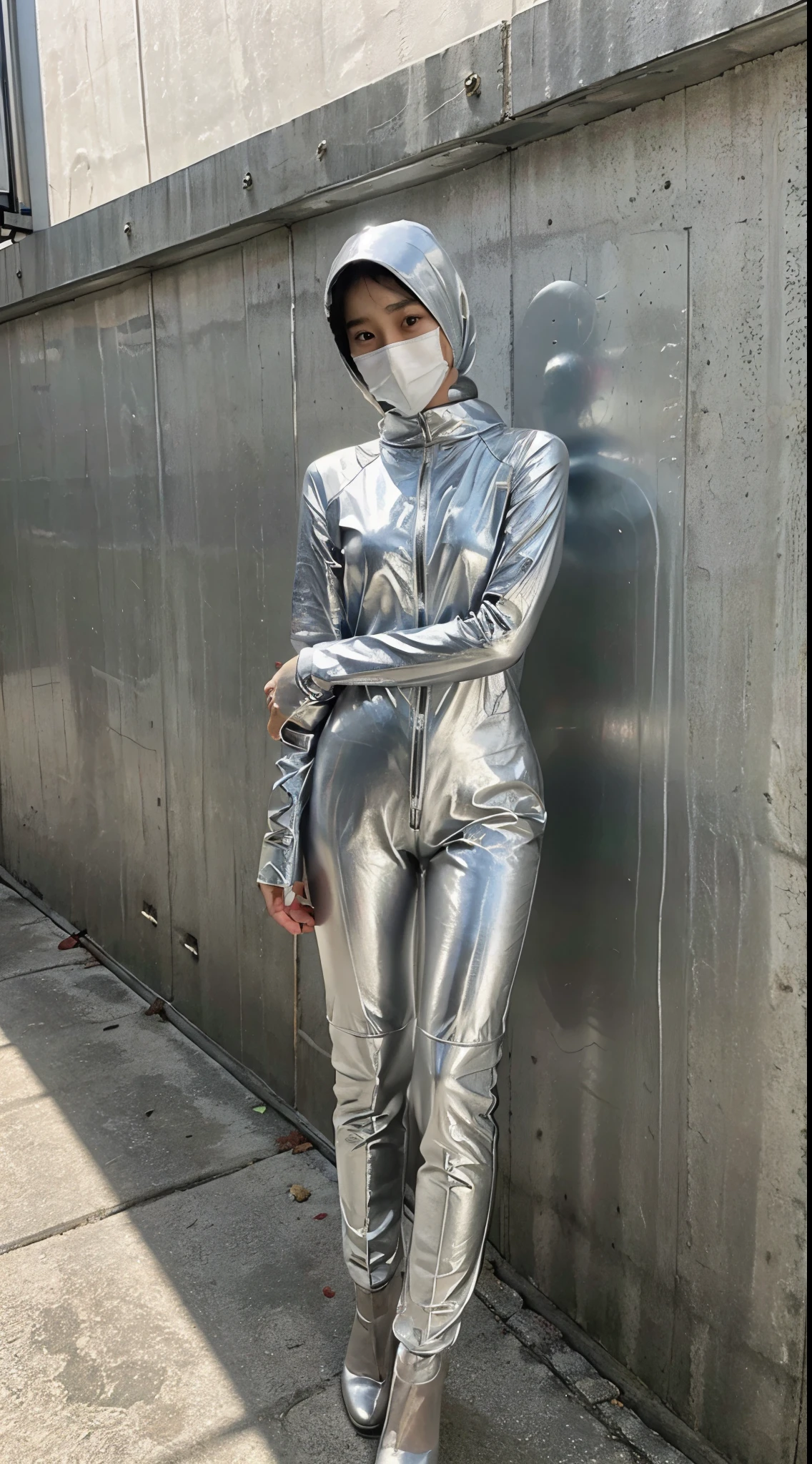 Asian girl wearing hijab and mask. Long leg. Innocent face. Wearing full body silver leather suit. High saturation.