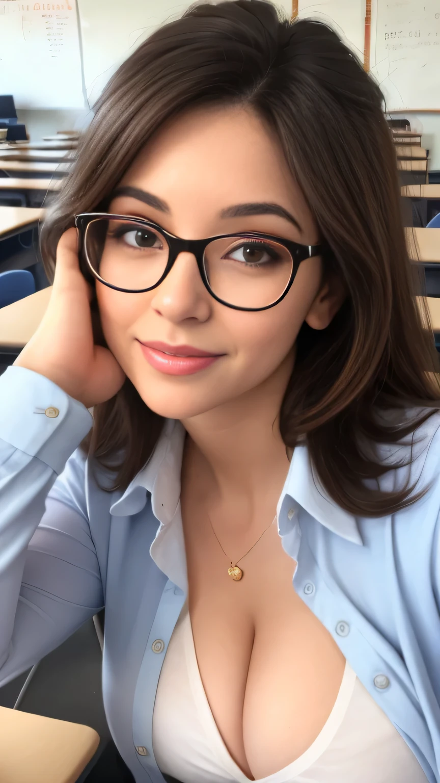 Imagen de k, hermosa profesora con gafas, con un hermoso cuerpo, teaching inside a classroom full of former male students., ella esta mirando con mirada traviesa