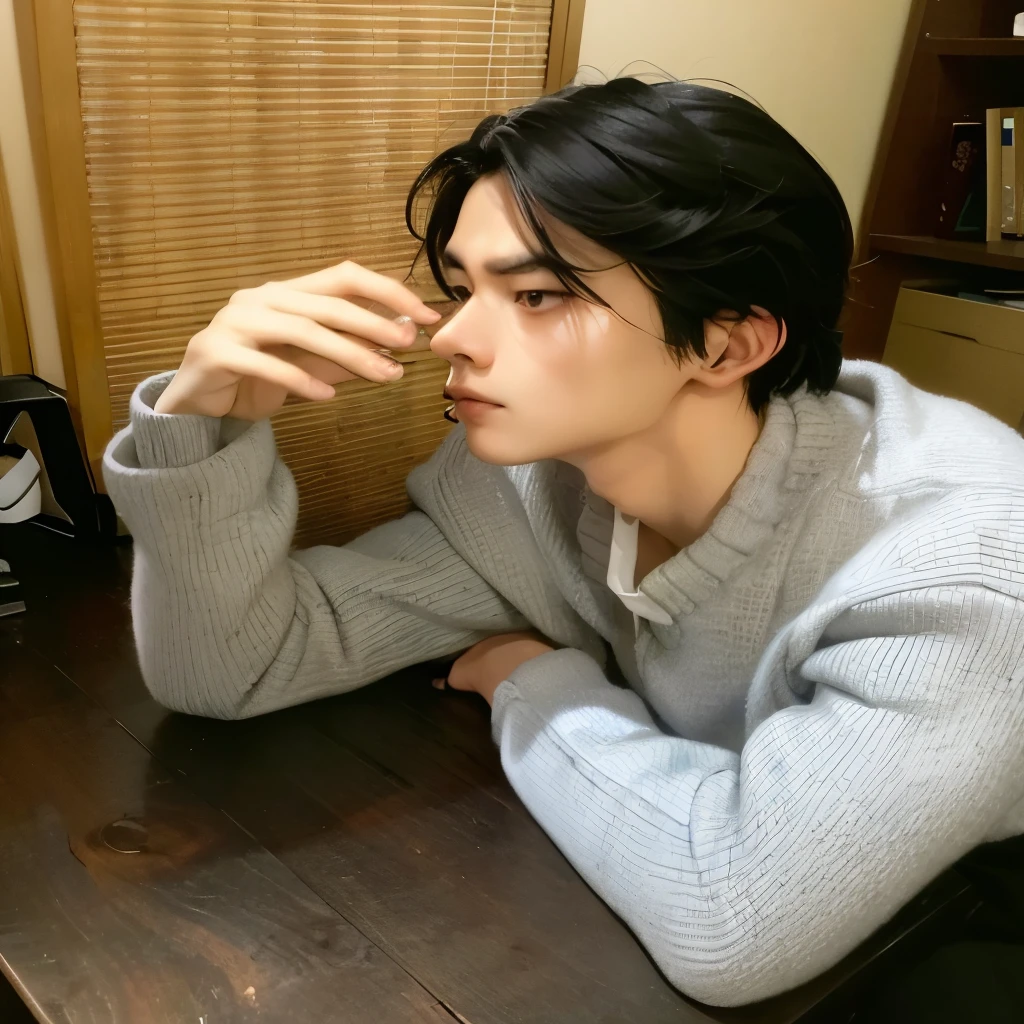 Arafed man sitting at a desk with a laptop, pintar ulzzang, cai xukun, delicate androgynous prince, Jung Jaehyun, Kosuke-ono, sakimichan, handsome androgynous prince, inspirado em Zhang Han, Kim Doyoung, foto de perfil, Jinyoung Shin, cute japanese demon boy, Shinichi Sakamoto