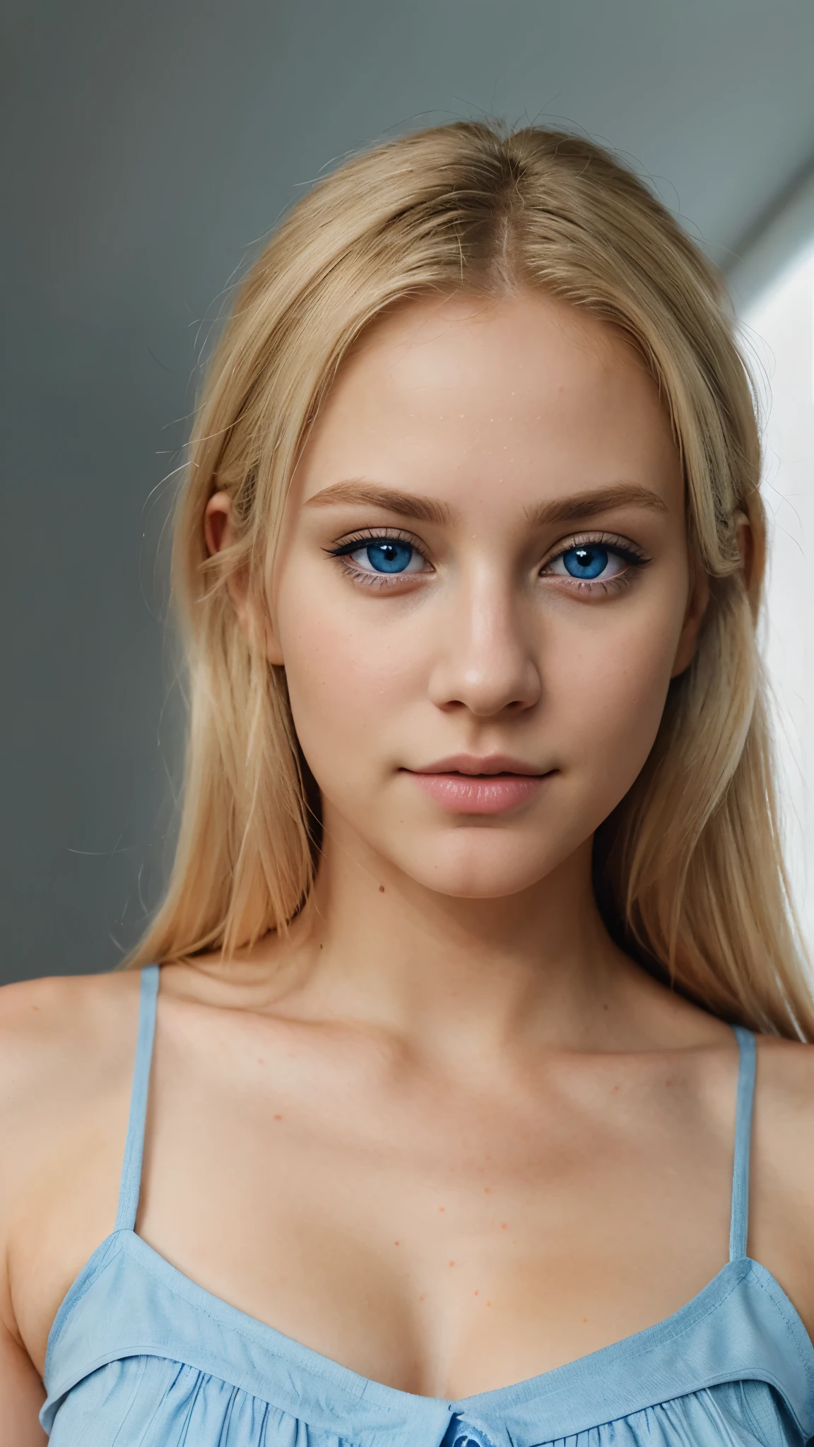 arafed woman with blue eyes and a blue top posing for a picture, photorealistic beautiful face, extremely beautiful face, blonde hair and blue eyes, hyper realistic digital painting, blonde hair and large eyes, hyperrealistic beautiful face, realistic beautiful face, perfect face model, hyperrealistic digital painting, ultra realistic digital painting, beautiful realistic face, blonde hair blue eyes full budy