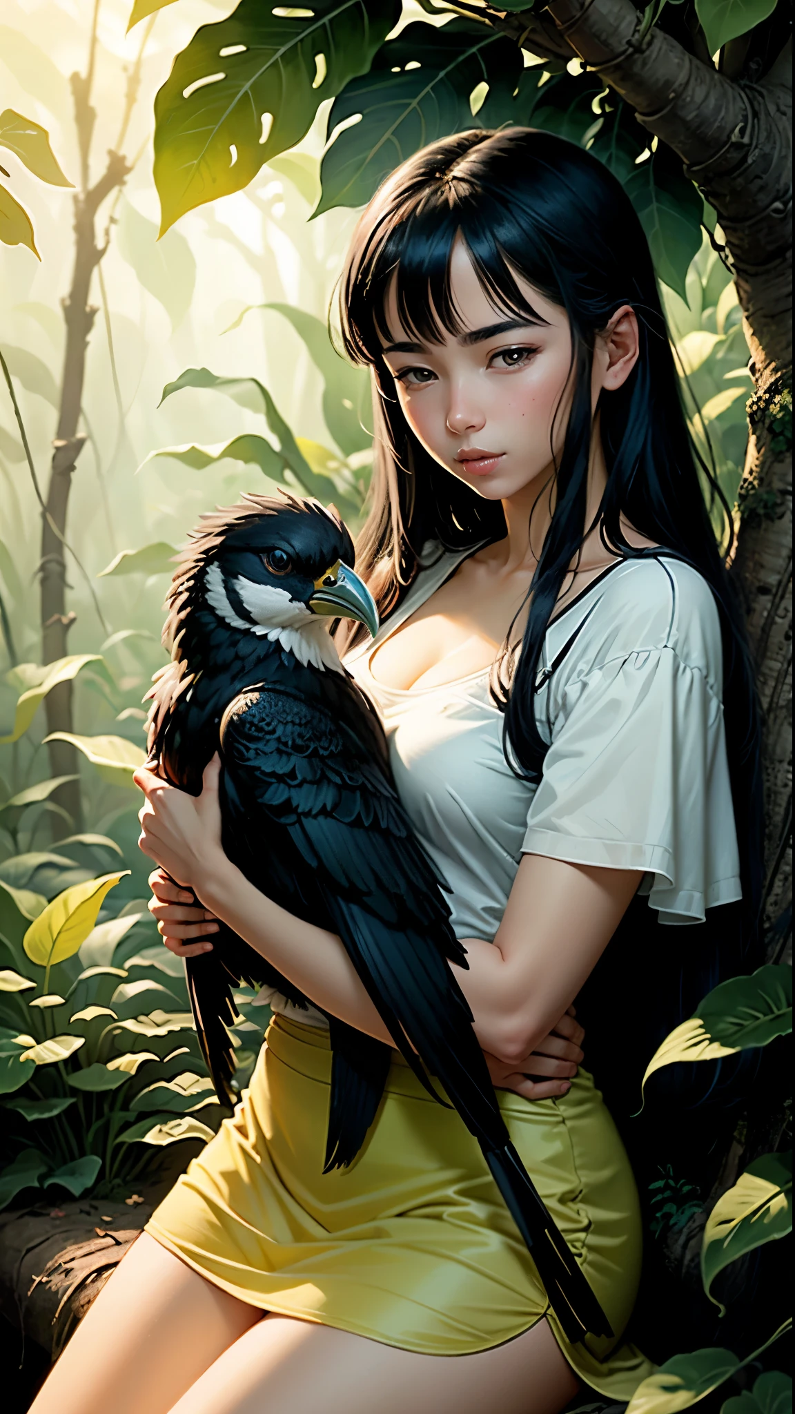 a painting of a girl hugging a bird in the jungle, a storybook illustration by Masamune Shirow, featured on pixiv, primitivism, furaffinity, pixiv, official art