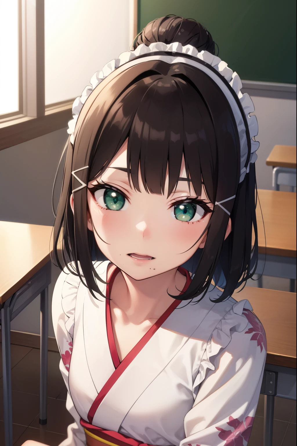 diakurosawa, dia kurosawa, black hair, (green eyes:1.5), blunt bangs, grey skirt, hair ornament, hairclip, mole, mole under mouth, (small breast:1.2),
BREAK collarbone, floral background, floral print, frilled sleeves, frills, hair bun, hair ornament, hair stick, hair tubes, headpiece, japanese clothes, kimono, my mai tonight, obi, sash, sidelocks, single hair bun,
BREAK looking at viewer,
BREAK indoors, classroom,
BREAK (masterpiece:1.2), best quality, high resolution, unity 8k wallpaper, (illustration:0.8), (beautiful detailed eyes:1.6), extremely detailed face, perfect lighting, extremely detailed CG, (perfect hands, perfect anatomy),