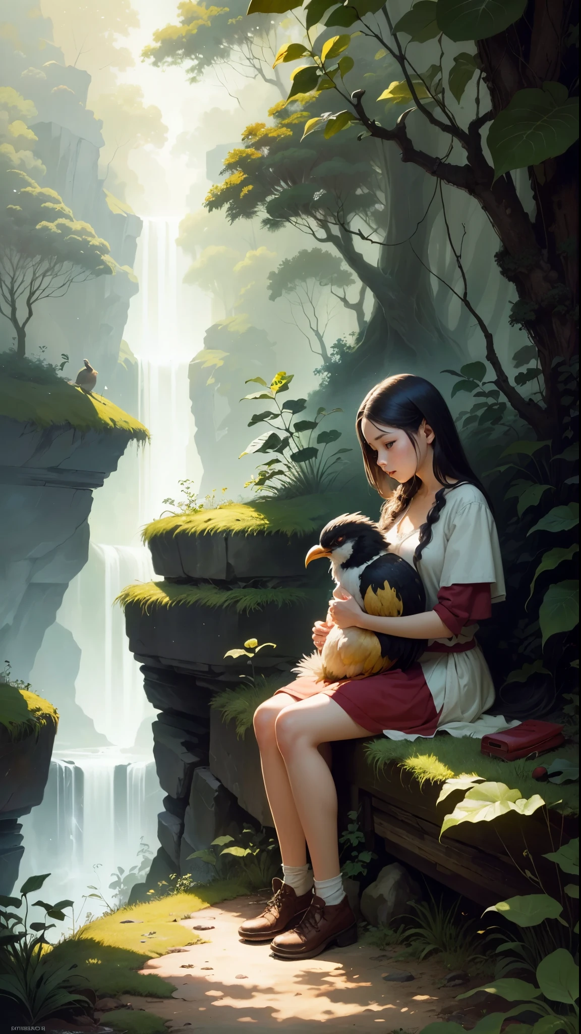 a painting of a girl hugging a bird in the jungle, a storybook illustration by Masamune Shirow, featured on pixiv, primitivism, furaffinity, pixiv, official art