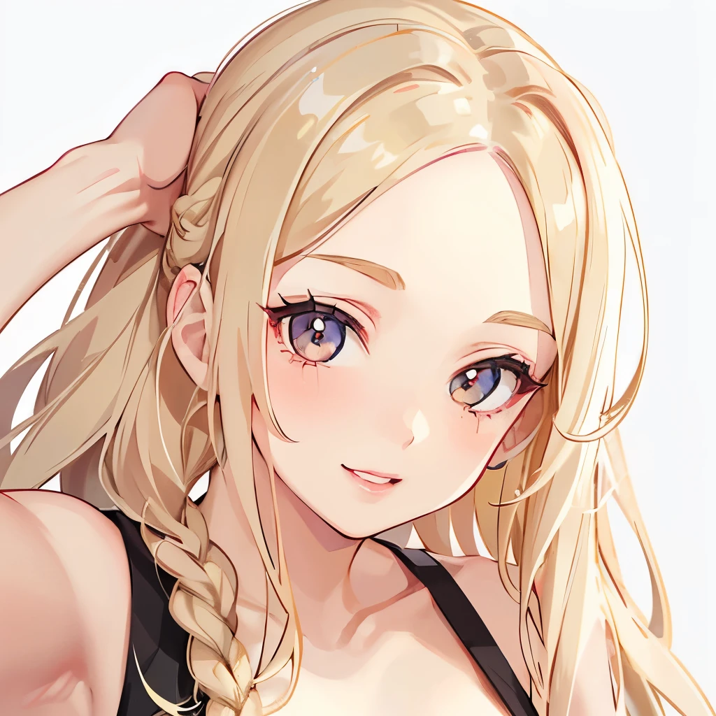 A girly girl, pretty face, face close up, pale blonde hair, hazel eyes, long hair, white tank top, no accessories, large forehead, plump lips, lipstick, feminine, defined lips, smile, selfie, seductive, hazel eyes