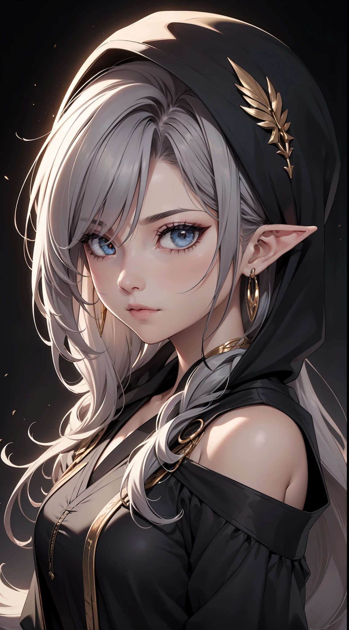 White elf girl, dark grey hair color, very long flowing hair, grey eye color, small eyes, round eye shape, eyeliner, realistic face shape. black shirt, portrait, wearing a black hood, black background, Depth of Field. looking at camera, dreamy look detailed eyes, detailed face, detailed skin, Ultra Detailed, Beautiful and Aesthetic, Masterpiece, Best Quality, shoulders showing. Japanese outfit, round chin shape. wearing black hood over hair. showing full upper body and face. wearing a black hood, alot of flairs in background, zoomed out, black and gold. glowing, 