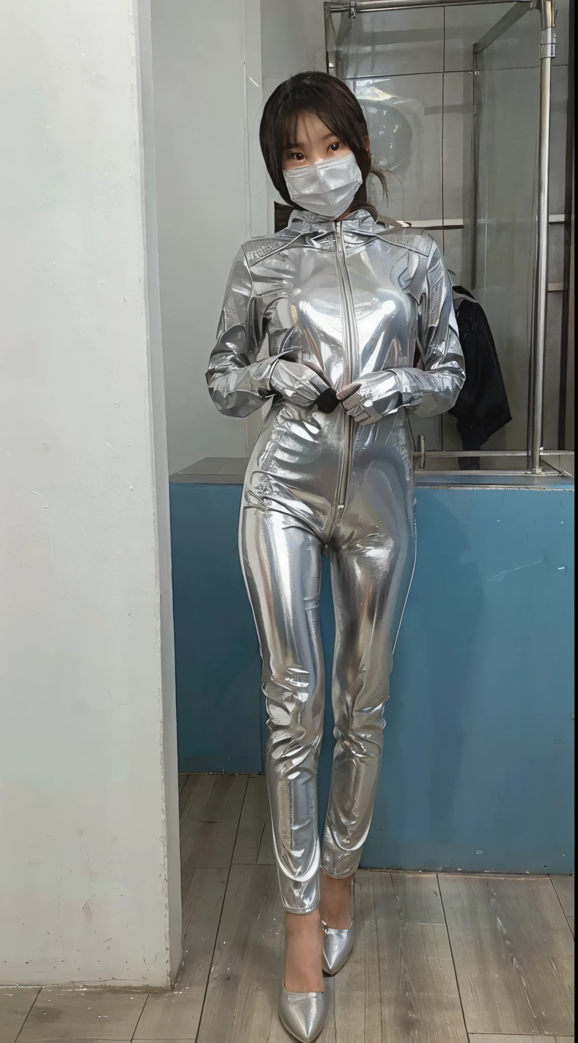 Asian girl wearing hijab and mask. Long leg. Innocent face. Wearing tight full body silver leather suit. High saturation.