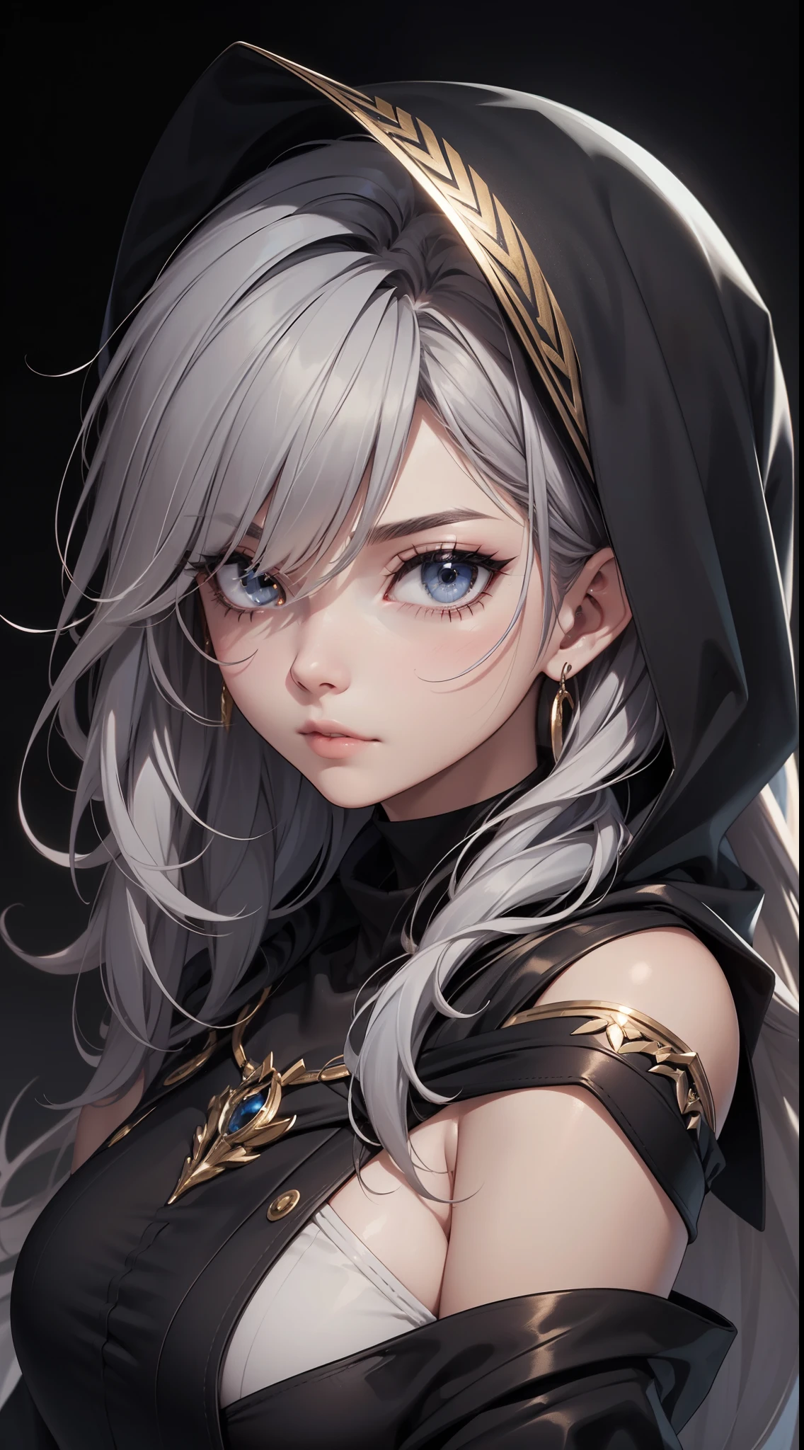 White elf girl, dark grey hair color, very long flowing hair, grey eye color, small eyes, round eye shape, eyeliner, realistic face shape. black shirt, portrait, wearing a black hood, black background, Depth of Field. looking at camera, dreamy look detailed eyes, detailed face, detailed skin, Ultra Detailed, Beautiful and Aesthetic, Masterpiece, Best Quality, shoulders showing. fish net fabric, round chin shape. wearing black hood over hair. showing full upper body and face. wearing a black hood, alot of flairs in background, zoomed out, black and gold. glowing,