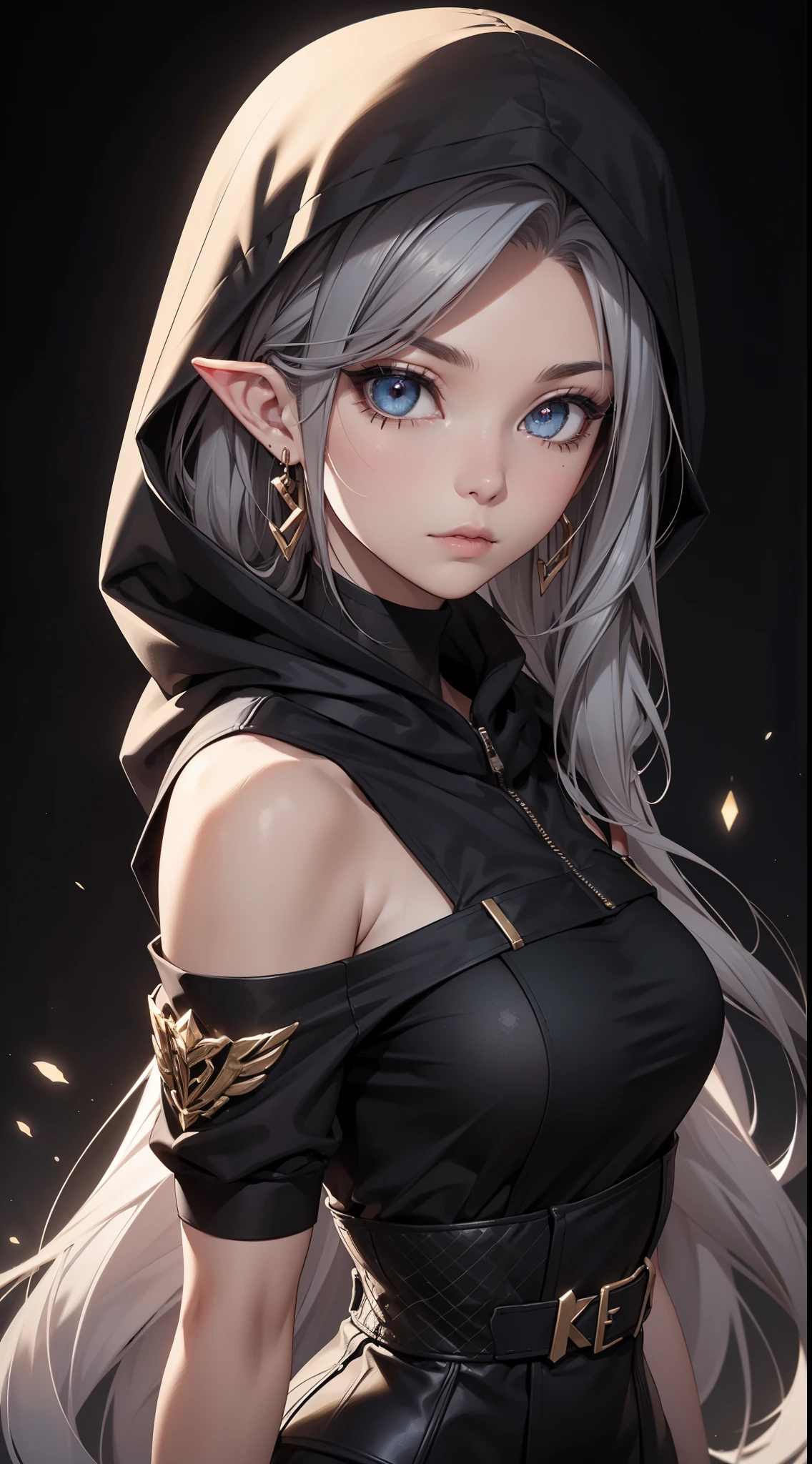 White elf girl, dark grey hair color, very long flowing hair, grey eye color, small eyes, round eye shape, eyeliner, realistic face shape. black shirt, portrait, wearing a black hood, black background, Depth of Field. looking at camera, dreamy look detailed eyes, detailed face, detailed skin, Ultra Detailed, Beautiful and Aesthetic, Masterpiece, Best Quality, shoulders showing. fish net fabric, round chin shape. wearing black hood over hair. showing full upper body and face. wearing a black hood, alot of flairs in background, zoomed out, black and gold. glowing,