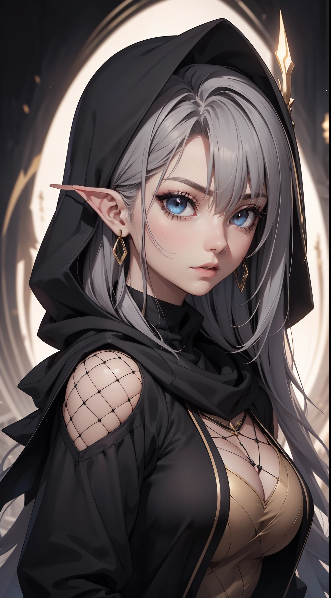 White elf girl, dark grey hair color, very long flowing hair, grey eye color, small eyes, round eye shape, eyeliner, realistic face shape. black shirt, portrait, wearing a black hood, black background, Depth of Field. looking at camera, dreamy look detailed eyes, detailed face, detailed skin, Ultra Detailed, Beautiful and Aesthetic, Masterpiece, Best Quality, shoulders showing. fish net fabric, round chin shape. wearing black hood over hair. showing full upper body and face. wearing a black hood, alot of flairs in background, zoomed out, black and gold. glowing,