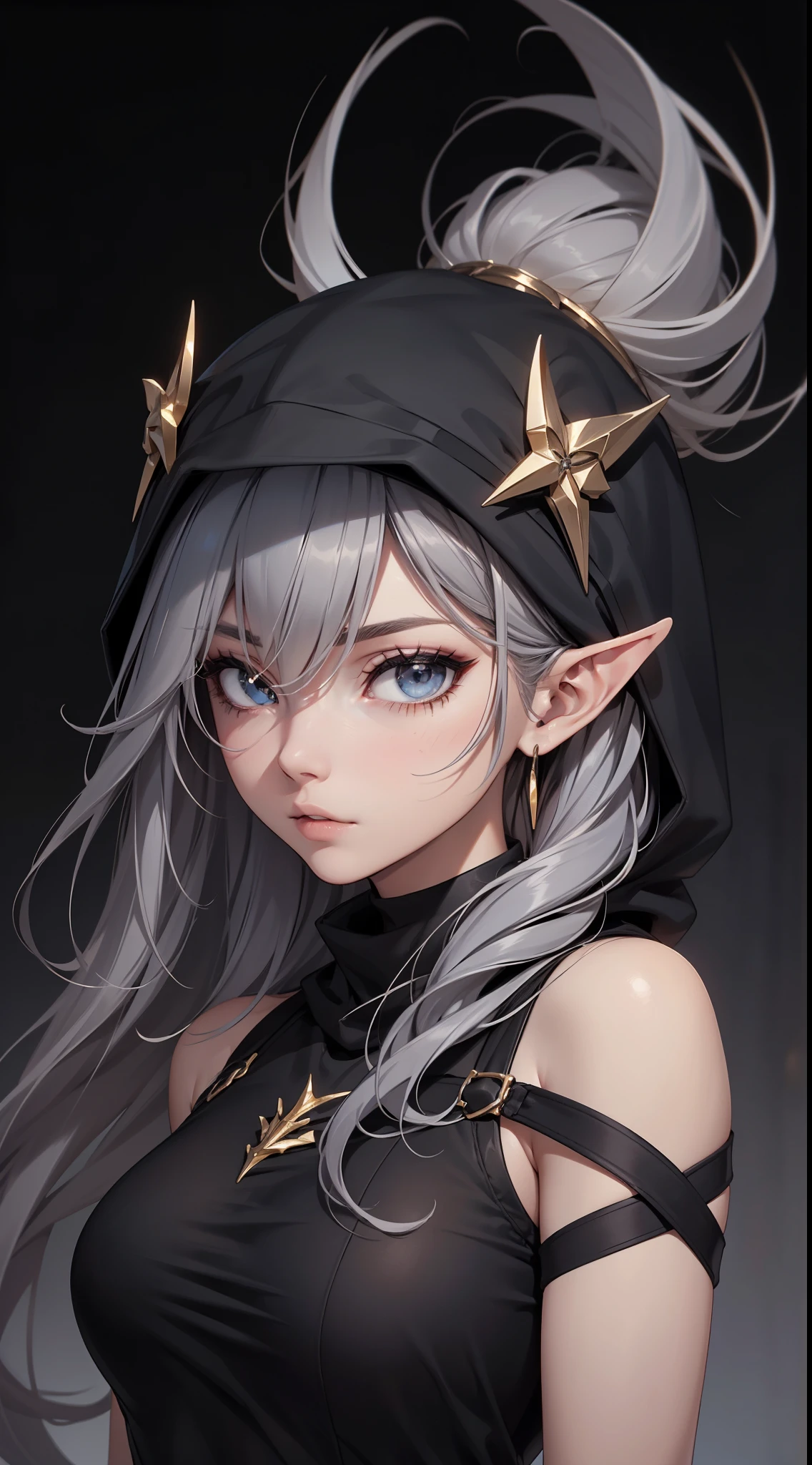 White elf girl, dark grey hair color, very long flowing hair, grey eye color, small eyes, round eye shape, eyeliner, realistic face shape. black shirt, portrait, wearing a black hood, black background, Depth of Field. looking at camera, dreamy look detailed eyes, detailed face, detailed skin, Ultra Detailed, Beautiful and Aesthetic, Masterpiece, Best Quality, shoulders showing. fish net fabric, round chin shape. wearing black hood over hair. showing full upper body and face. wearing a black hood, alot of flairs in background, zoomed out, black and gold. glowing,
