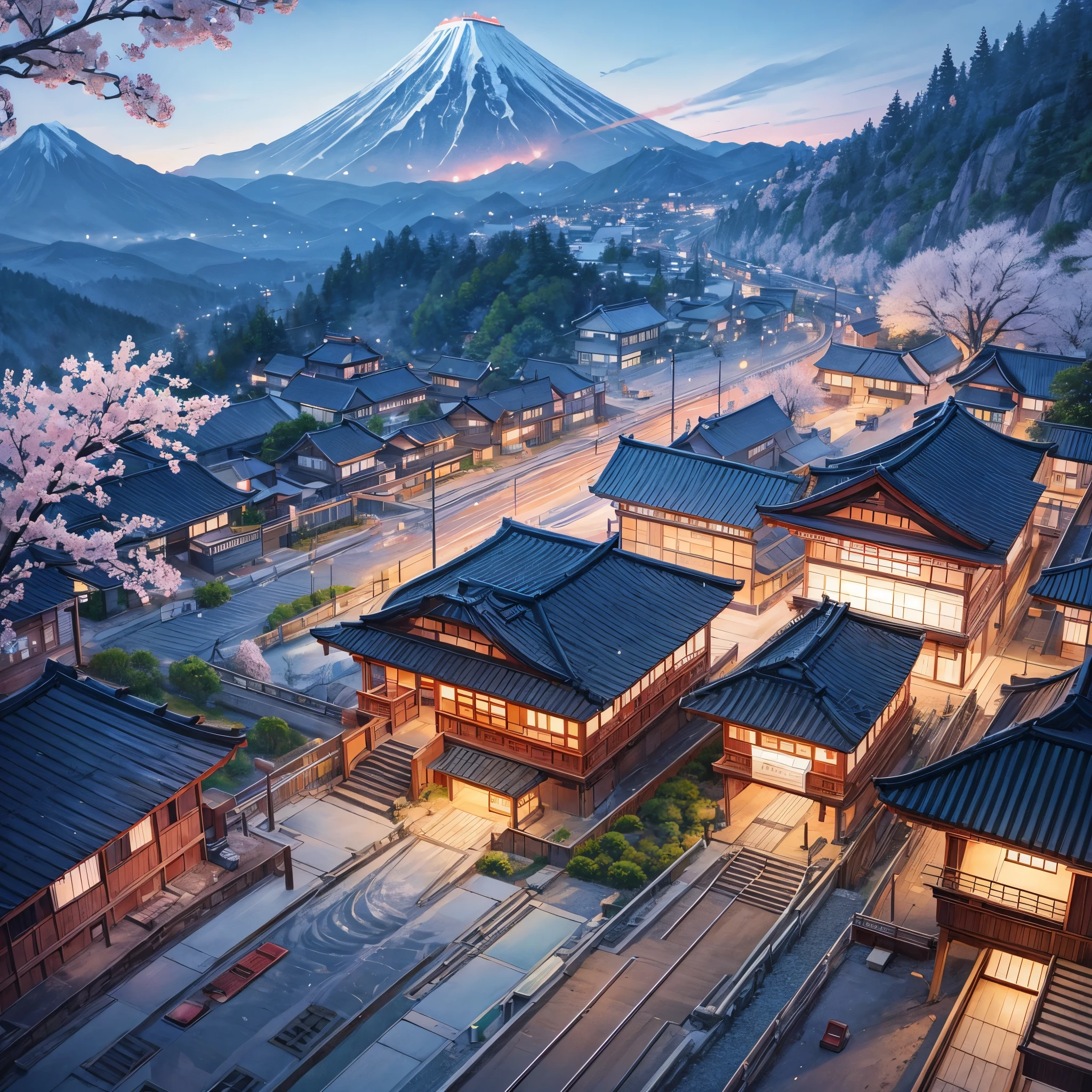 a beautiful illustration art of the train, railway station in japan small village, sakura tree, mountain, clear sky at night