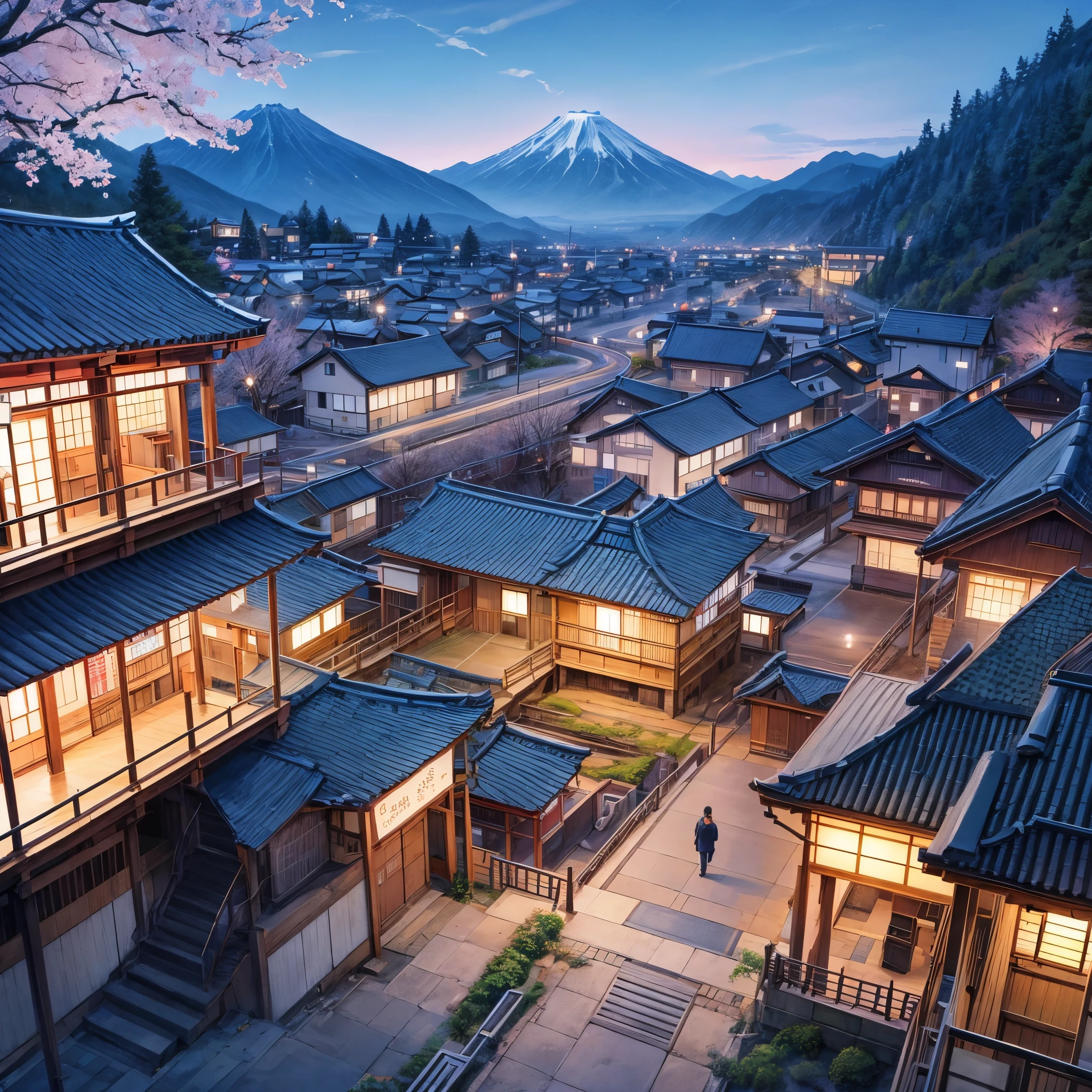 a beautiful illustration art of the train, railway station in japan small village, sakura tree, mountain, clear sky at night