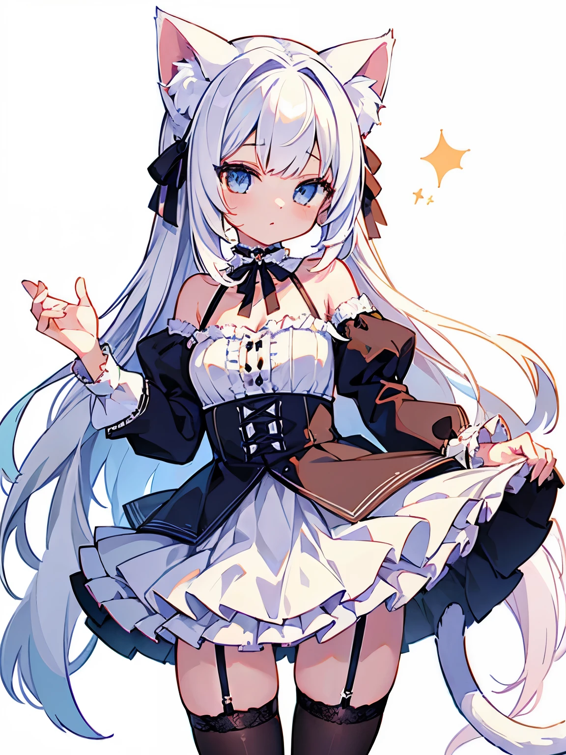masterpiece, {{{{Highest quality}}}}, beautiful,1 girl, White_hair, cat ears(White), cat tail(White), frilled choker、miniskirt_dress, bare_shoulders, garter belt,garter straps