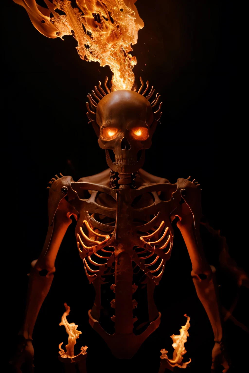(highres, realistic:1.2), fiery and powerful skeleton, flames shooting out his eyes, intimidating presence, detailed bone structure, vibrant orange and red flames, dark and eerie background, glowing eyes, ethereal and otherworldly atmosphere, smoky tendrils surrounding the skeleton, dynamic and energetic composition, dramatic lighting, deep shadows, intense heat waves, menacing expression, surreal and supernatural elements, haunting and captivating artwork.