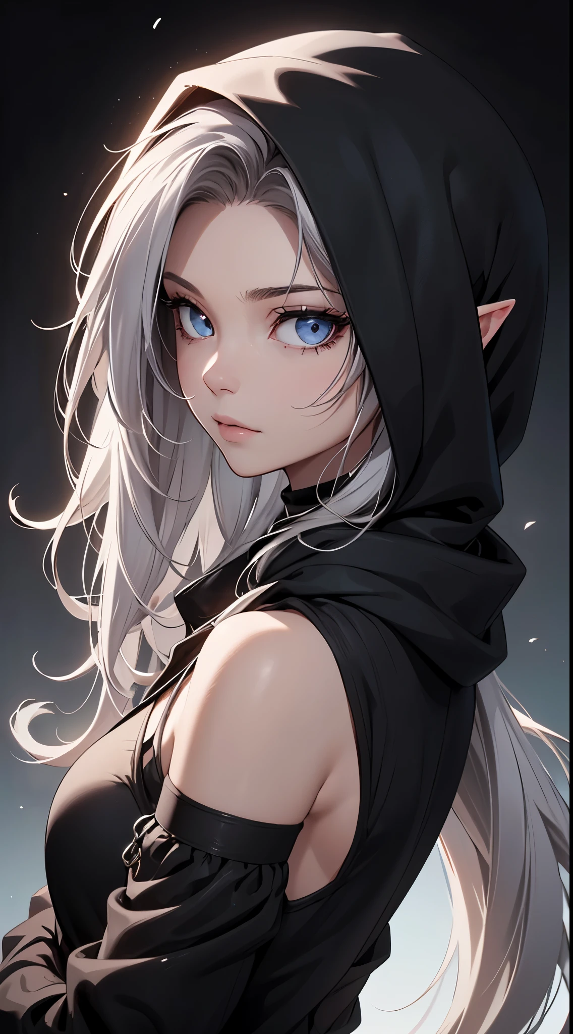 White elf girl, dark grey hair color, very long flowing hair, grey eye color, small eyes, round eye shape, eyeliner, realistic face shape. black shirt, portrait, wearing a black hood, black background, Depth of Field. looking at camera, dreamy look detailed eyes, detailed face, detailed skin, Ultra Detailed, Beautiful and Aesthetic, Masterpiece, Best Quality, shoulders showing. fish net fabric, round chin shape. wearing black hood over hair. showing full upper body and face. wearing a black hood, alot of flairs in background, zoomed out, black and white. glowing,
