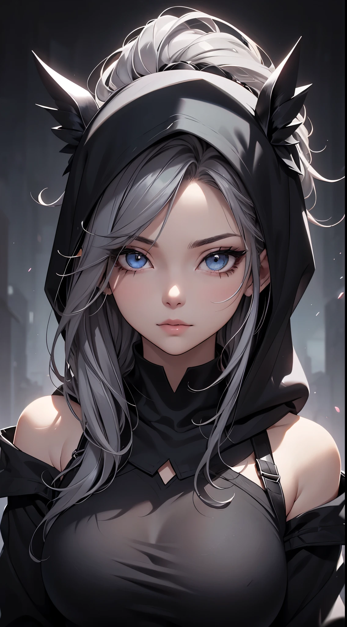 White elf girl, dark grey hair color, very long flowing hair, grey eye color, small eyes, round eye shape, eyeliner, realistic face shape. black shirt, portrait, wearing a black hood, black background, Depth of Field. looking at camera, dreamy look detailed eyes, detailed face, detailed skin, Ultra Detailed, Beautiful and Aesthetic, Masterpiece, Best Quality, shoulders showing. fish net fabric, round chin shape. wearing black hood over hair. showing full upper body and face. wearing a black hood, alot of flairs in background, zoomed out, black and white. glowing,