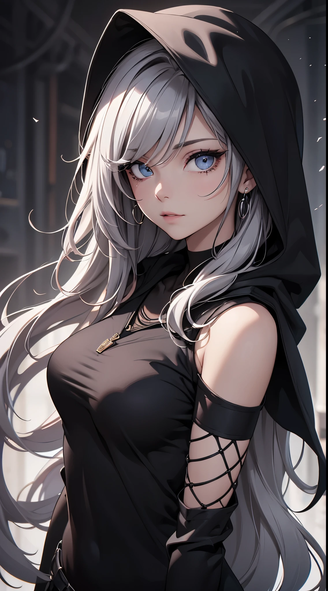 White elf girl, dark grey hair color, very long flowing hair, grey eye color, small eyes, round eye shape, eyeliner, realistic face shape. black shirt, portrait, wearing a black hood, black background, Depth of Field. looking at camera, dreamy look detailed eyes, detailed face, detailed skin, Ultra Detailed, Beautiful and Aesthetic, Masterpiece, Best Quality, shoulders showing. fish net fabric, round chin shape. wearing black hood over hair. showing full upper body and face. wearing a black hood, alot of flairs in background, zoomed out, black and white. glowing,